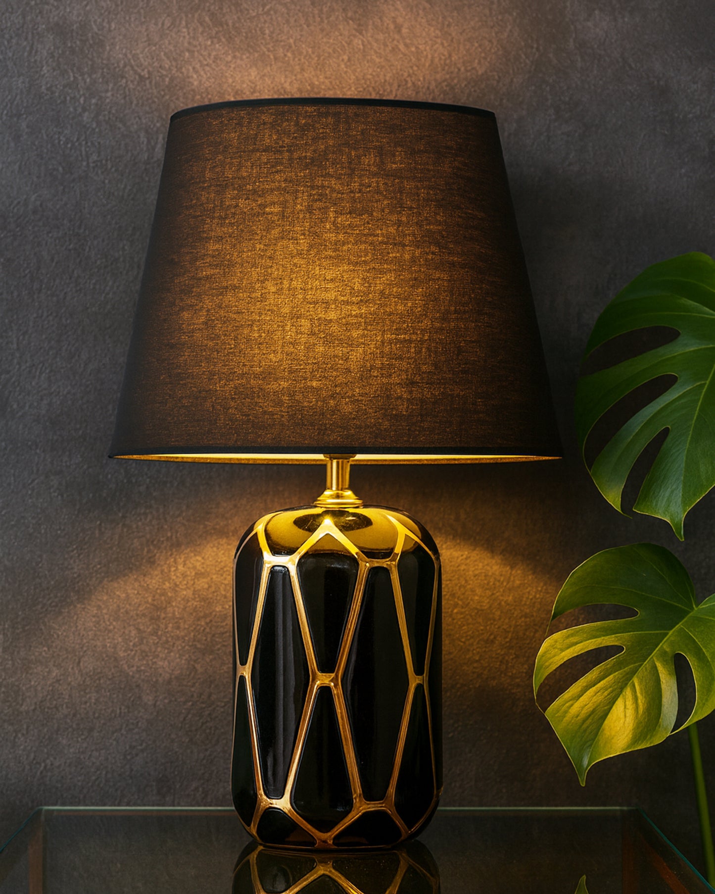 Modern Ceramic Base Bedside Table Lamp, Table Lamps for Home Decoration and Bedroom Decor with On/Off Button, Night Lamp with Cotton Fabric Shade, Black Gold Hive, Khadi
