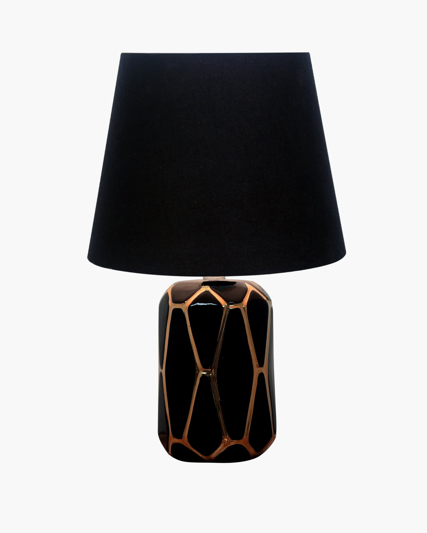 Modern Ceramic Base Bedside Table Lamp, Table Lamps for Home Decoration and Bedroom Decor with On/Off Button, Night Lamp with Cotton Fabric Shade, Black Gold Hive, Khadi