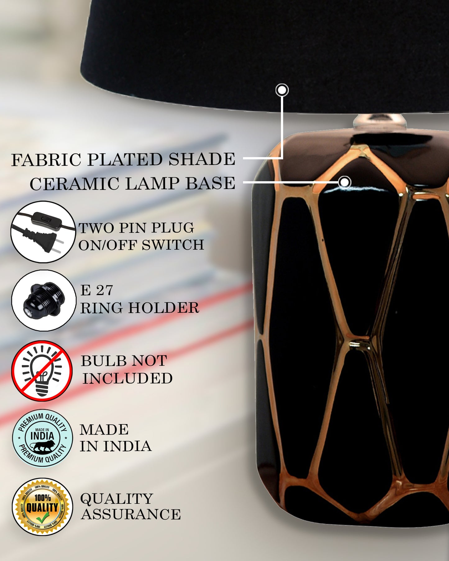 Modern Ceramic Base Bedside Table Lamp, Table Lamps for Home Decoration and Bedroom Decor with On/Off Button, Night Lamp with Cotton Fabric Shade, Black Gold Hive, Khadi
