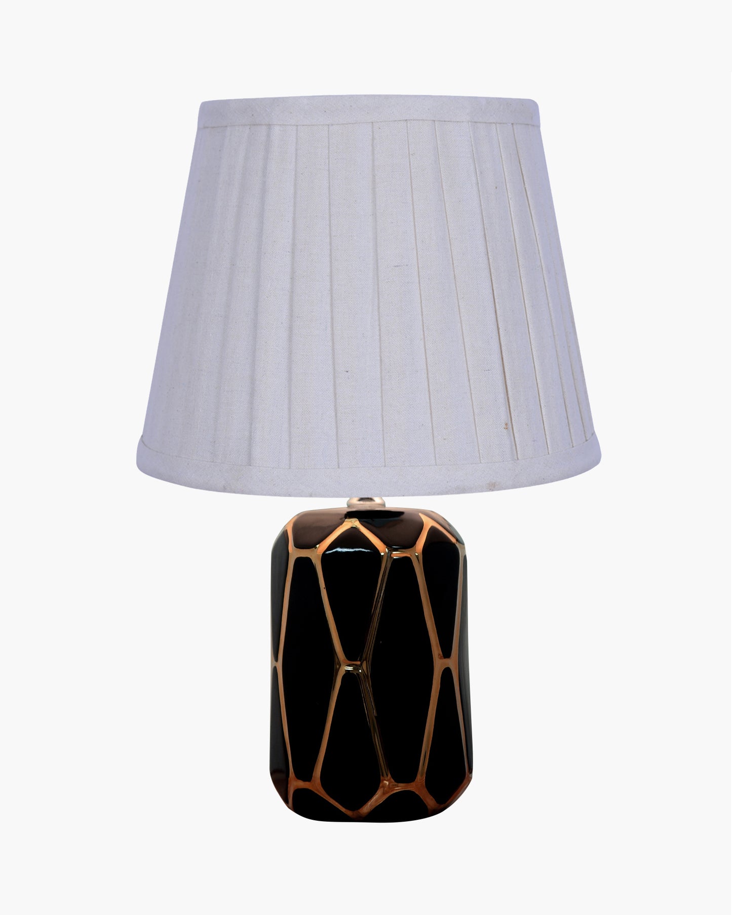 Modern Ceramic Base Bedside Table Lamp, Table Lamps for Home Decoration and Bedroom Decor with On/Off Button, Night Lamp with Cotton Fabric Shade, Black Gold Hive, Khadi