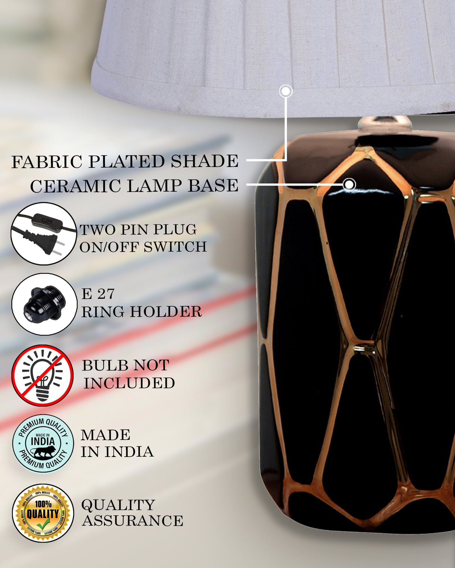 Modern Ceramic Base Bedside Table Lamp, Table Lamps for Home Decoration and Bedroom Decor with On/Off Button, Night Lamp with Cotton Fabric Shade, Black Gold Hive, Khadi