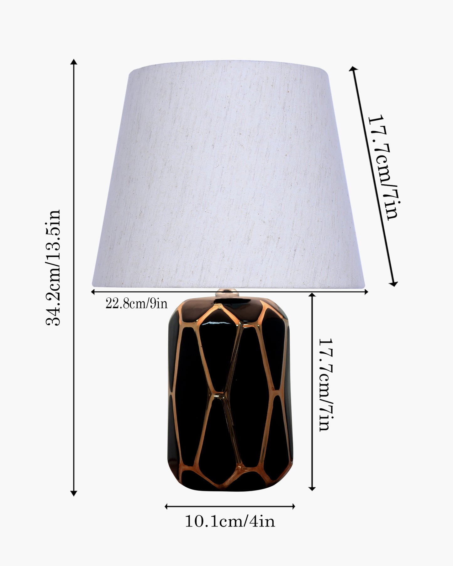Modern Ceramic Base Bedside Table Lamp, Table Lamps for Home Decoration and Bedroom Decor with On/Off Button, Night Lamp with Cotton Fabric Shade, Black Gold Hive, Khadi