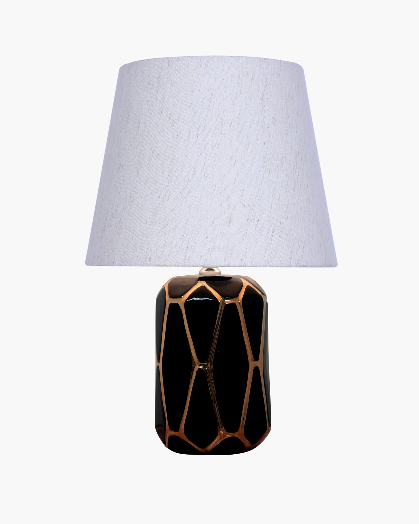 Modern Ceramic Base Bedside Table Lamp, Table Lamps for Home Decoration and Bedroom Decor with On/Off Button, Night Lamp with Cotton Fabric Shade, Black Gold Hive, Khadi