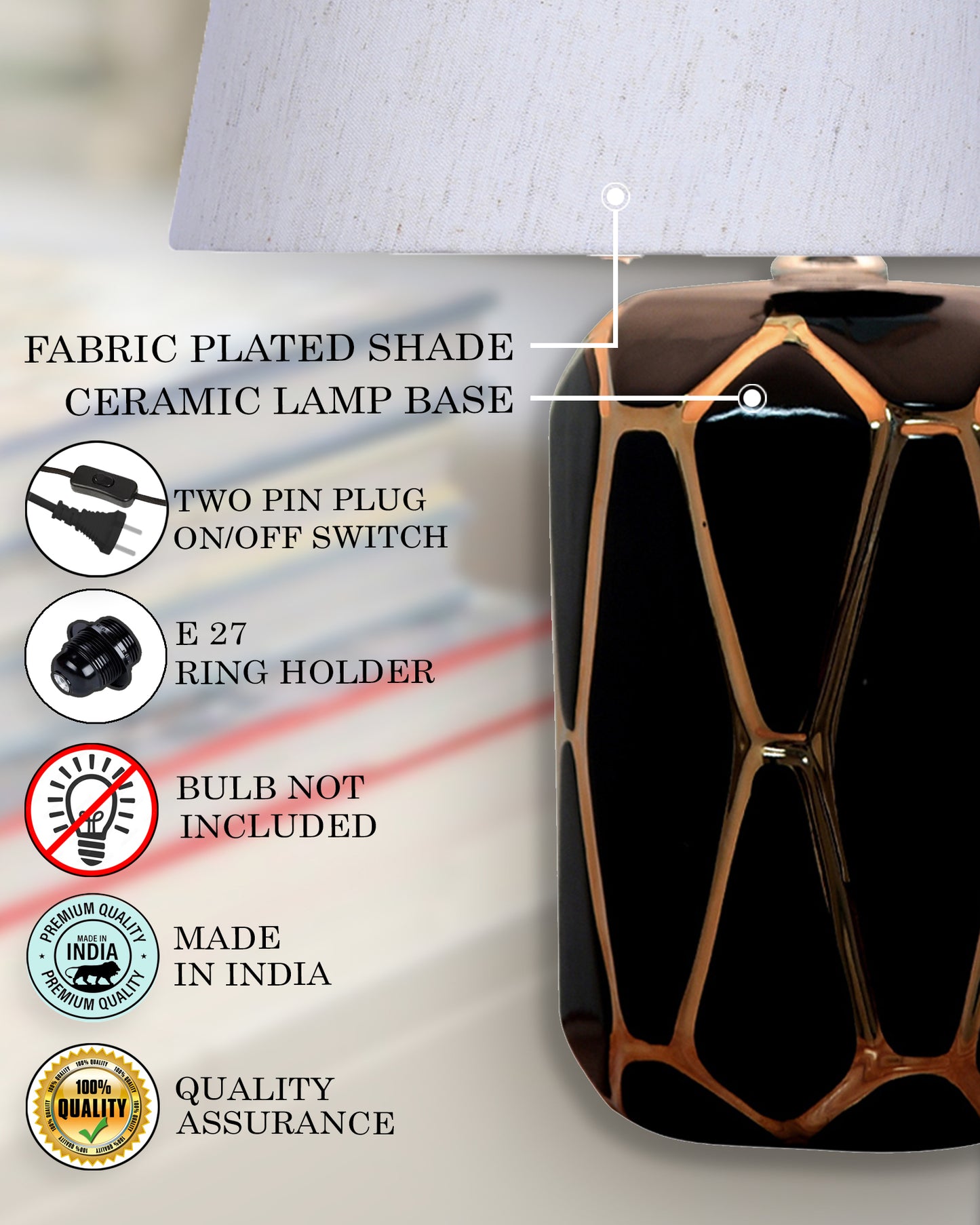 Retro Ceramic Base Bedside Table Lamp, Table Lamps for Home Decoration and Bedroom Decor with On/Off Button, Night Lamp with Cotton Fabric Shade, White Gold Hive, Khadi