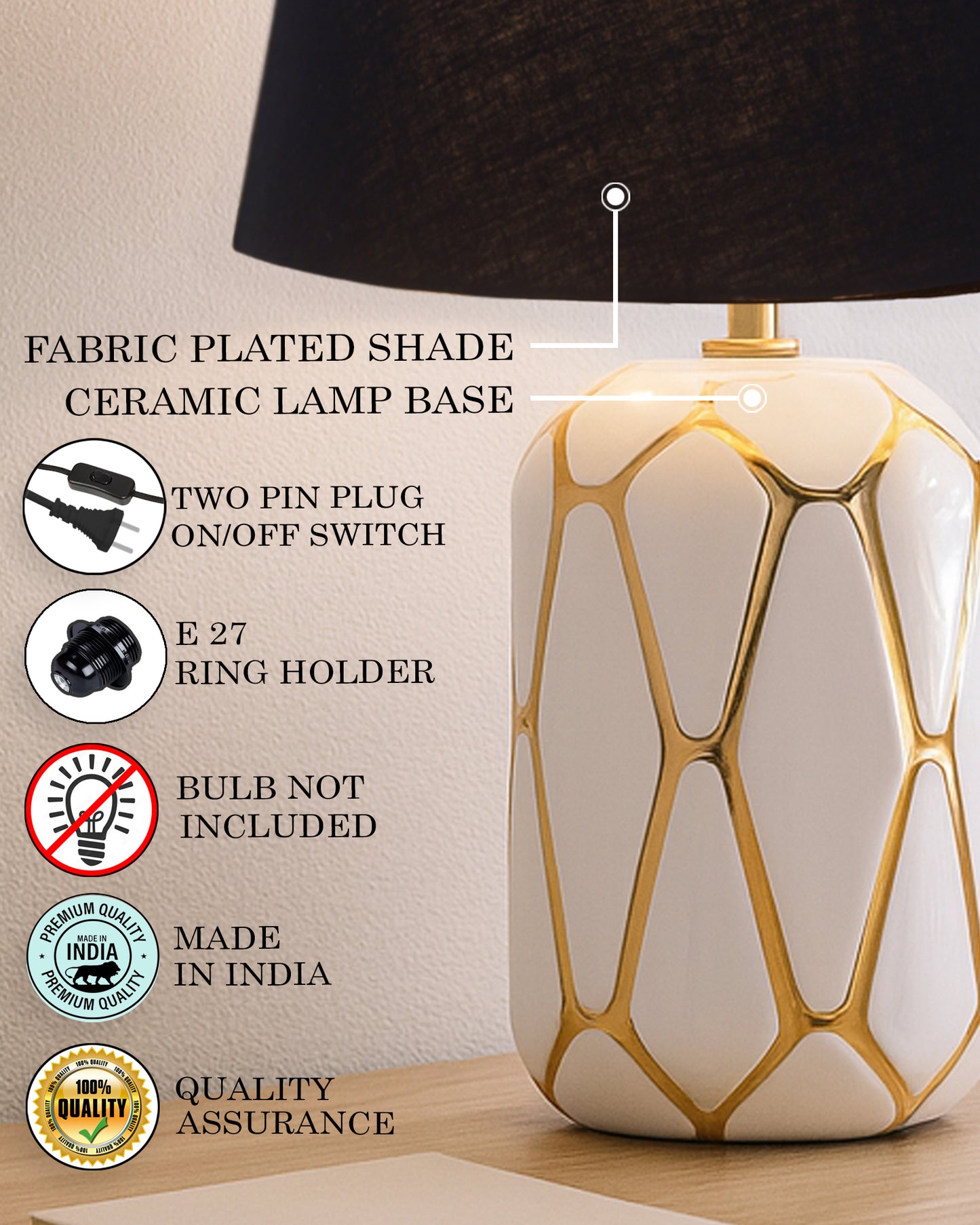 Retro Ceramic Base Bedside Table Lamp, Table Lamps for Home Decoration and Bedroom Decor with On/Off Button, Night Lamp with Cotton Fabric Shade, White Gold Hive, Khadi