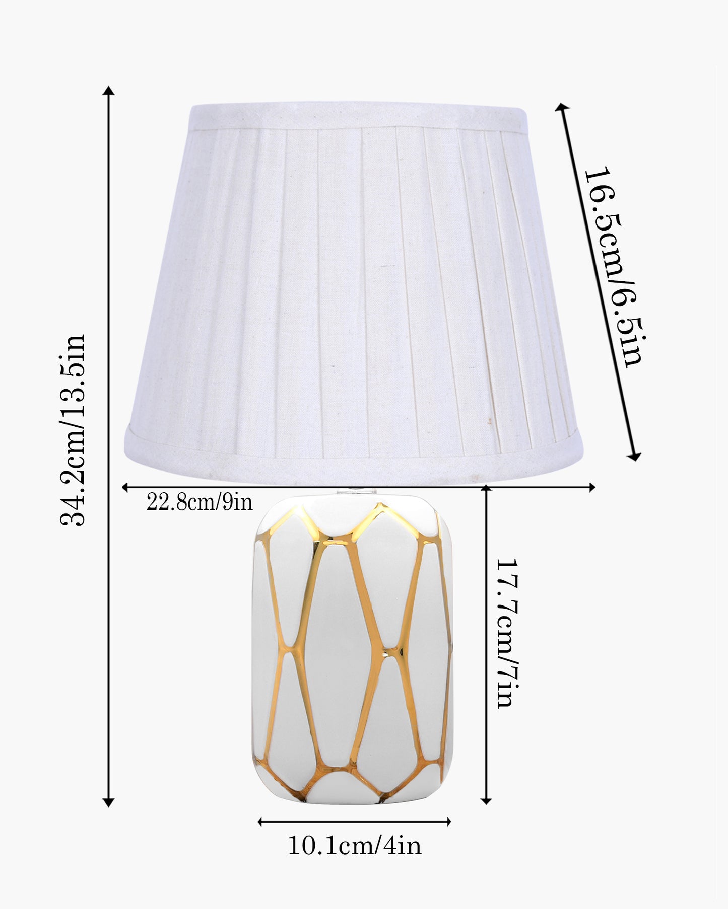 Retro Ceramic Base Bedside Table Lamp, Table Lamps for Home Decoration and Bedroom Decor with On/Off Button, Night Lamp with Cotton Fabric Shade, White Gold Hive, Khadi Frill