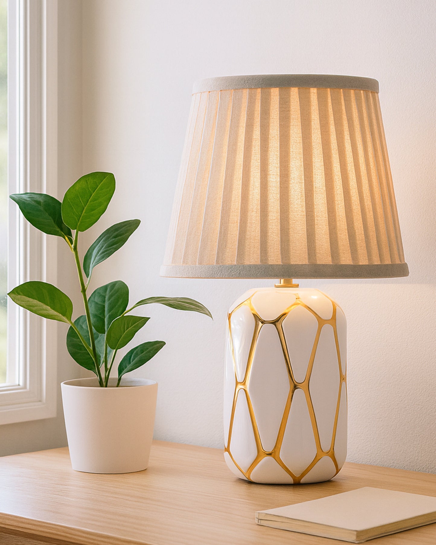 Retro Ceramic Base Bedside Table Lamp, Table Lamps for Home Decoration and Bedroom Decor with On/Off Button, Night Lamp with Cotton Fabric Shade, White Gold Hive, Khadi