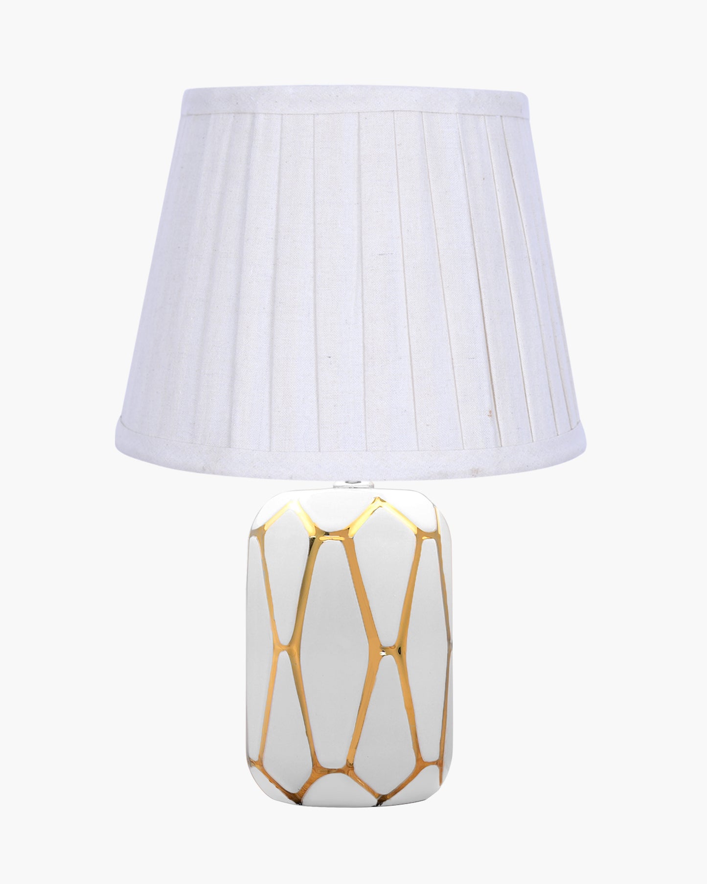 Retro Ceramic Base Bedside Table Lamp, Table Lamps for Home Decoration and Bedroom Decor with On/Off Button, Night Lamp with Cotton Fabric Shade, White Gold Hive, Khadi