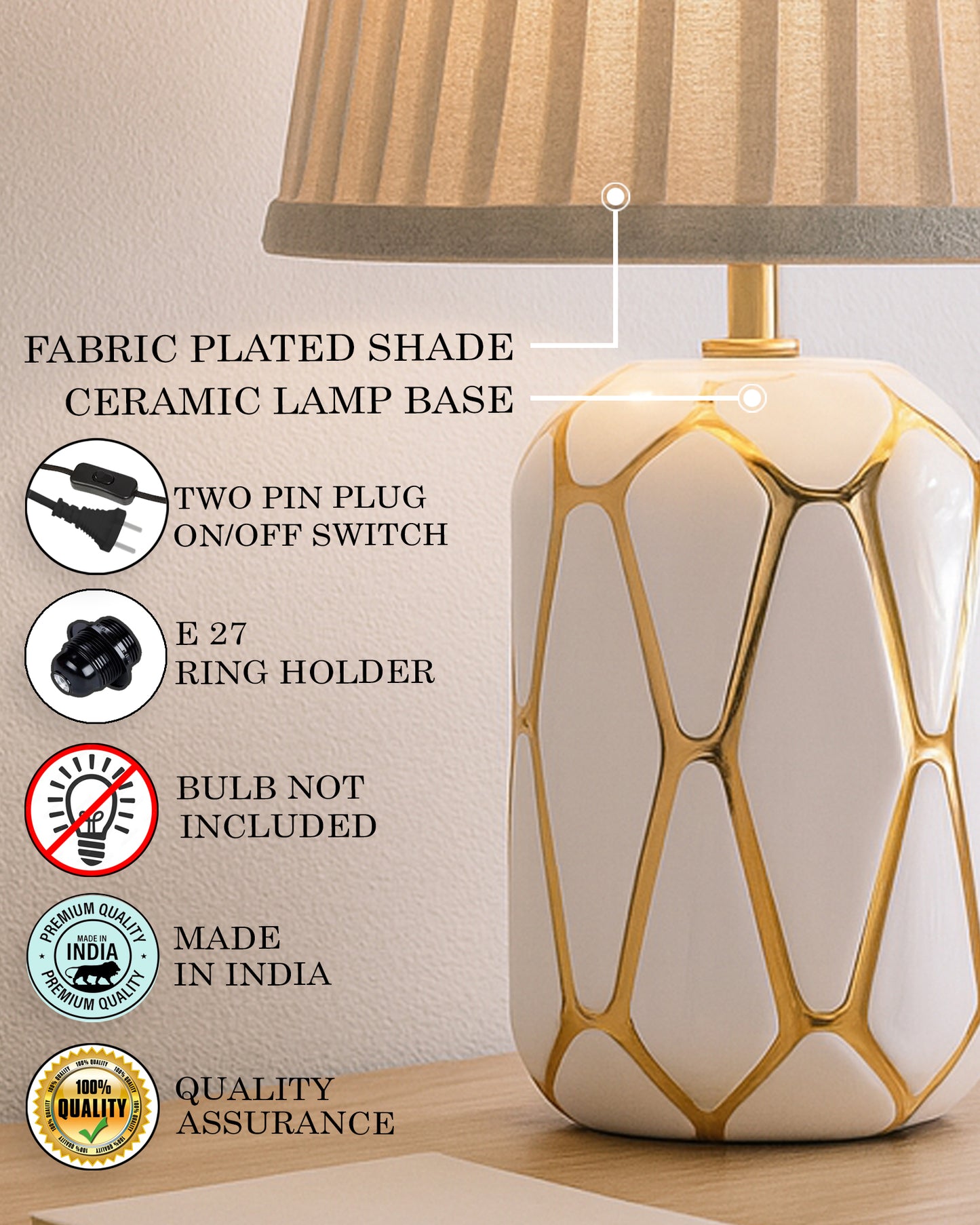 Retro Ceramic Base Bedside Table Lamp, Table Lamps for Home Decoration and Bedroom Decor with On/Off Button, Night Lamp with Cotton Fabric Shade, White Gold Hive, Khadi Frill