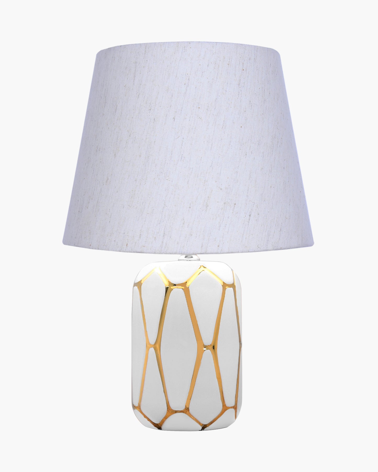 Retro Ceramic Base Bedside Table Lamp, Table Lamps for Home Decoration and Bedroom Decor with On/Off Button, Night Lamp with Cotton Fabric Shade, White Gold Hive, Khadi