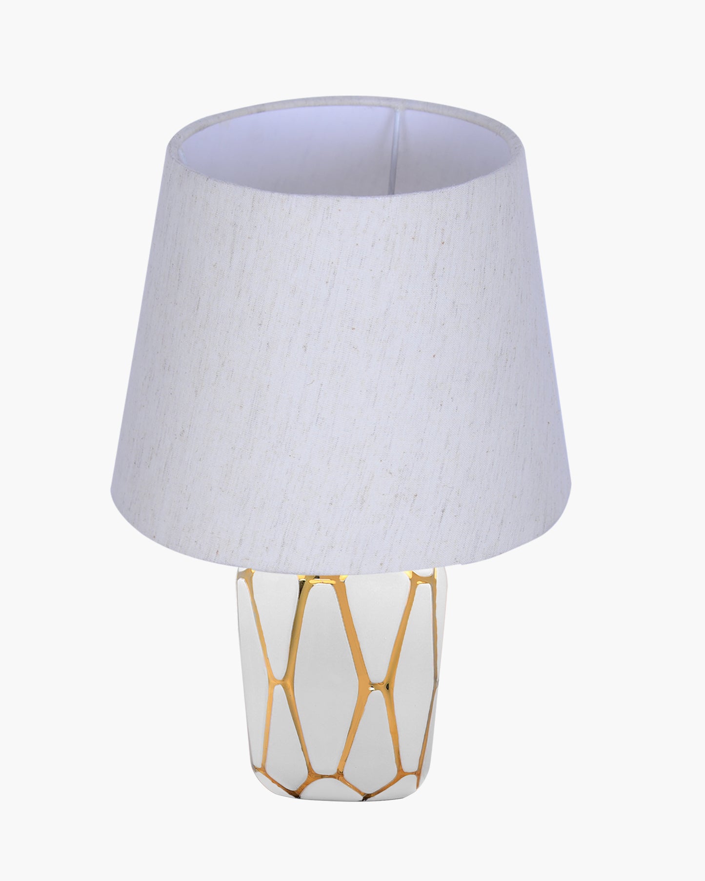 Retro Ceramic Base Bedside Table Lamp, Table Lamps for Home Decoration and Bedroom Decor with On/Off Button, Night Lamp with Cotton Fabric Shade, White Gold Hive, Khadi