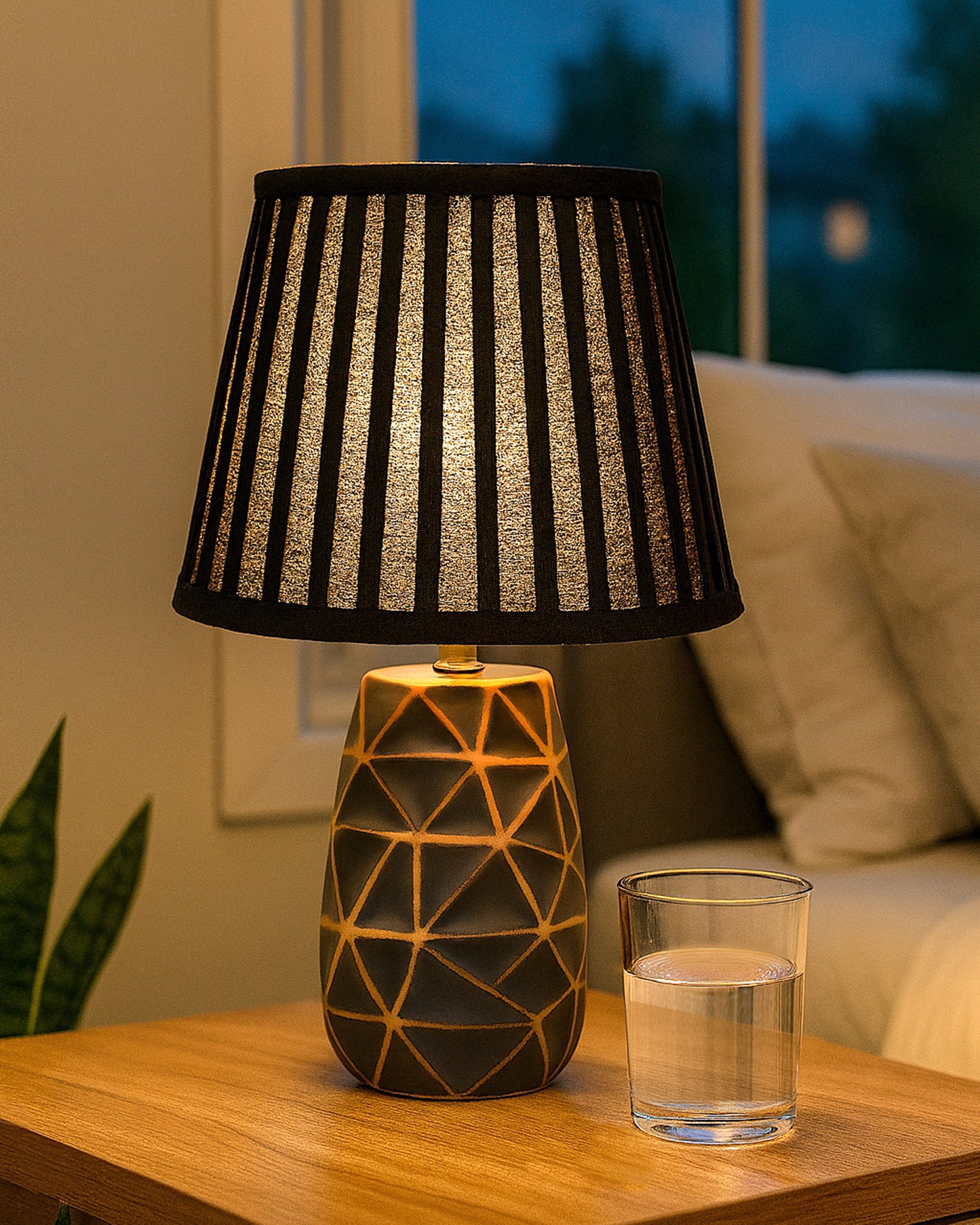 Modern Ceramic Base Bedside Table Lamp, Table Lamps for Home Decoration and Bedroom Decor with On/Off Button, Night Lamp with Cotton Fabric Shade, Graphite Prism, Khadi