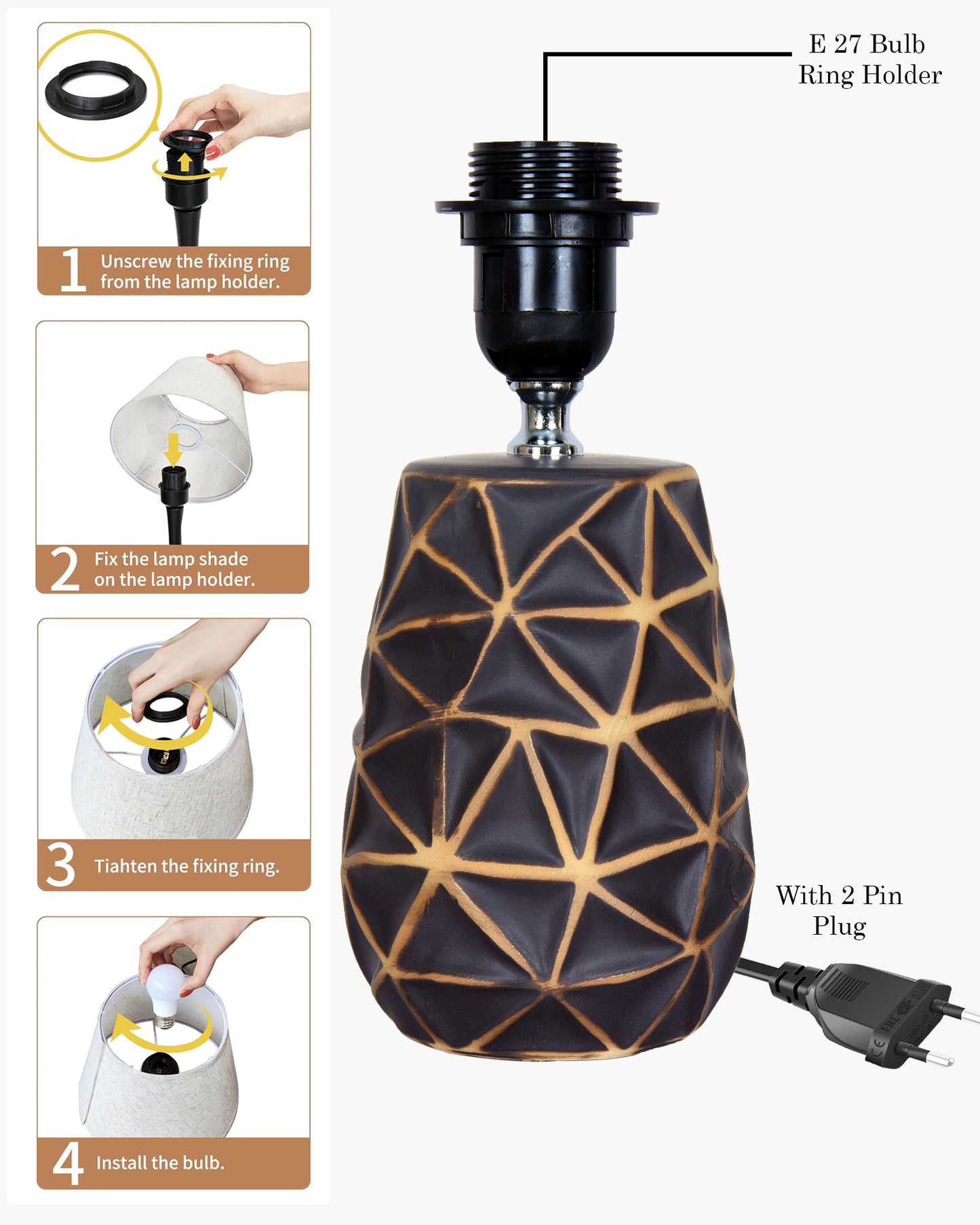Modern Ceramic Base Bedside Table Lamp, Table Lamps for Home Decoration and Bedroom Decor with On/Off Button, Night Lamp with Cotton Fabric Shade, Graphite Prism, Khadi