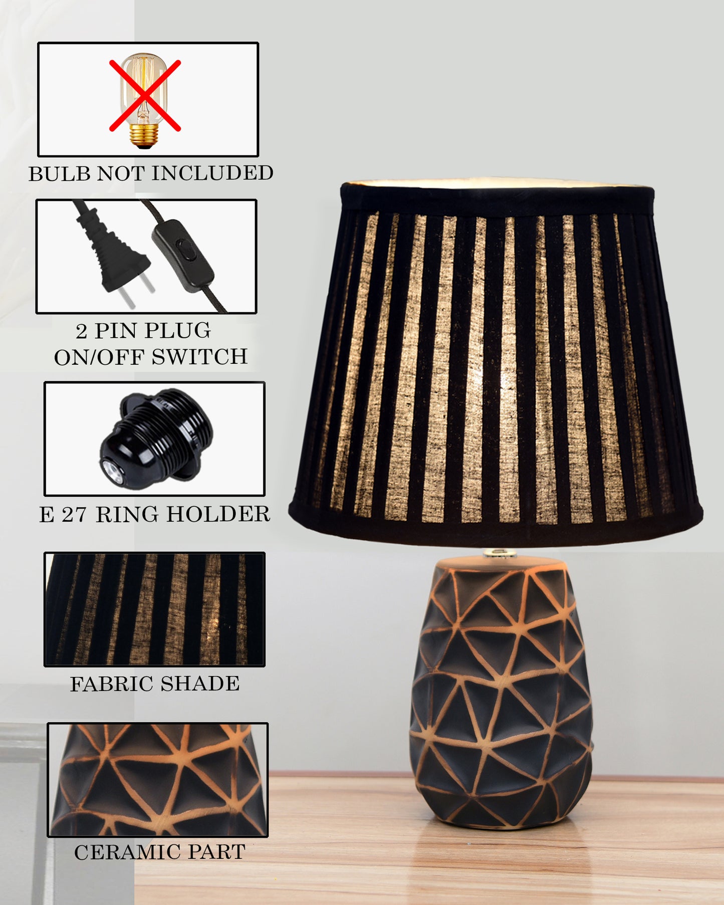 Modern Ceramic Base Bedside Table Lamp, Table Lamps for Home Decoration and Bedroom Decor with On/Off Button, Night Lamp with Cotton Fabric Shade, Graphite Prism, Khadi