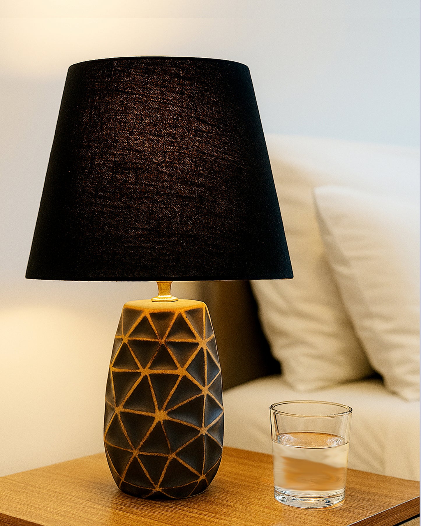 Modern Ceramic Base Bedside Table Lamp, Table Lamps for Home Decoration and Bedroom Decor with On/Off Button, Night Lamp with Cotton Fabric Shade, Graphite Prism, Khadi