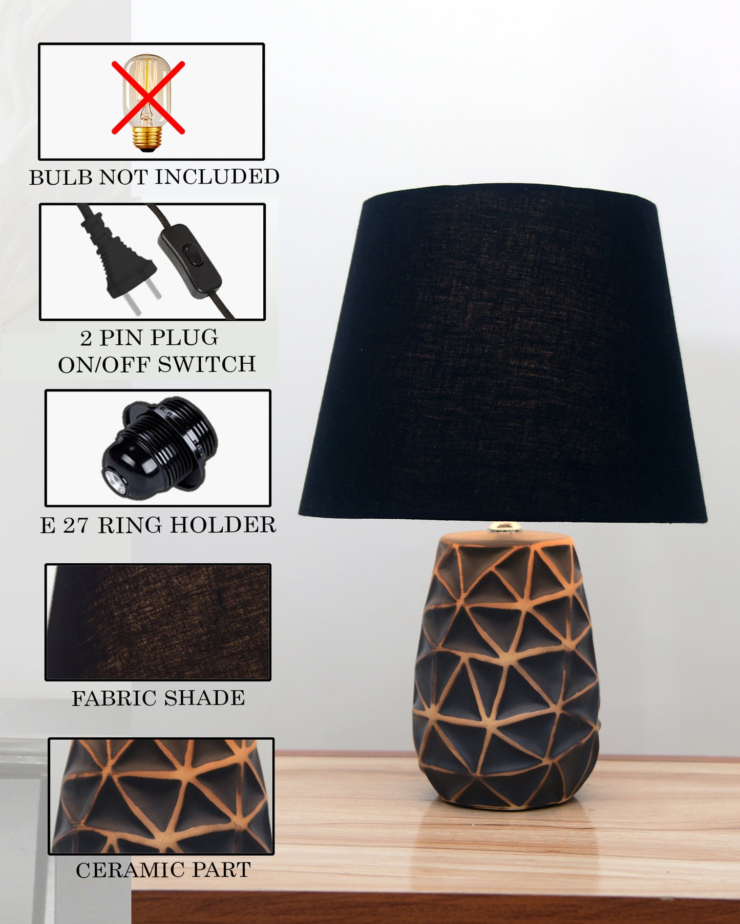 Modern Ceramic Base Bedside Table Lamp, Table Lamps for Home Decoration and Bedroom Decor with On/Off Button, Night Lamp with Cotton Fabric Shade, Graphite Prism, Khadi