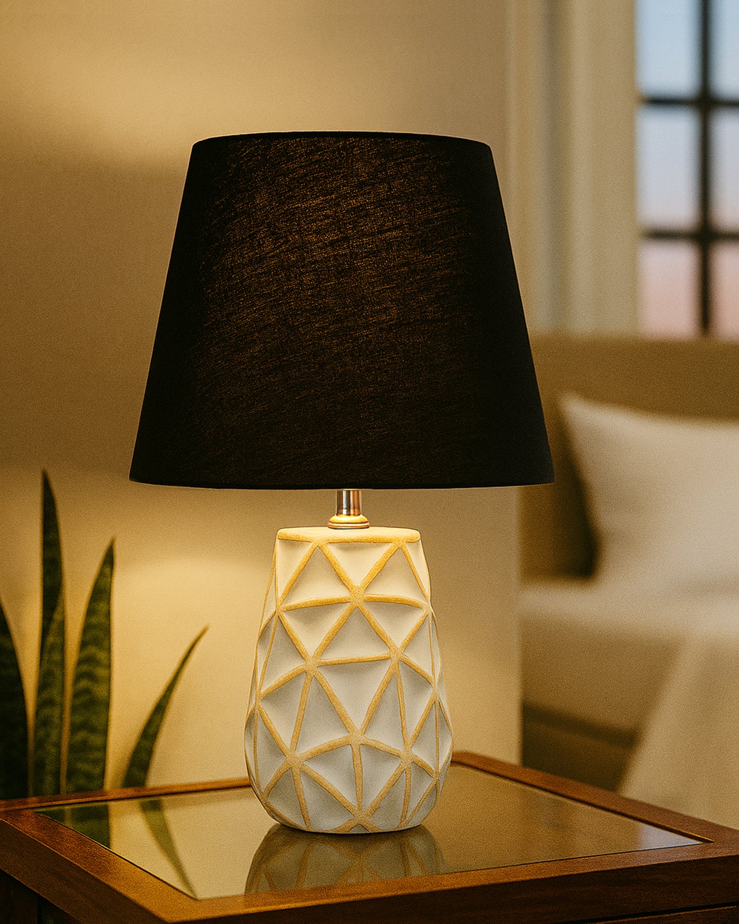 Retro Ceramic Base Bedside Table Lamp, Table Lamps for Home Decoration and Bedroom Decor with On/Off Button, Night Lamp with Cotton Fabric Shade, Whitewash Prism, Khadi