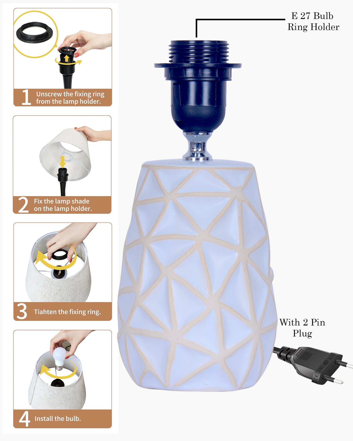 Retro Ceramic Base Bedside Table Lamp, Table Lamps for Home Decoration and Bedroom Decor with On/Off Button, Night Lamp with Cotton Fabric Shade, Whitewash Prism, Khadi