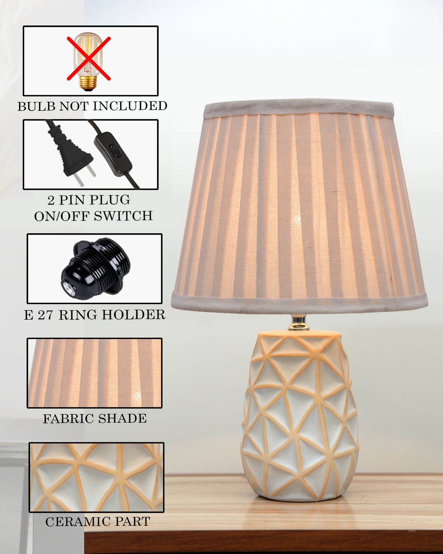 Retro Ceramic Base Bedside Table Lamp, Table Lamps for Home Decoration and Bedroom Decor with On/Off Button, Night Lamp with Cotton Fabric Shade, Whitewash Prism, Khadi