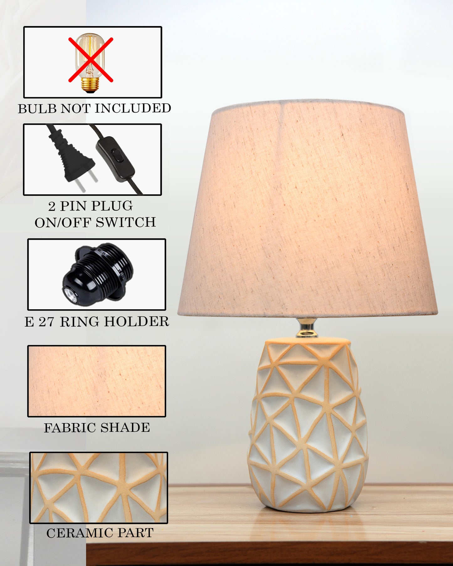 Retro Ceramic Base Bedside Table Lamp, Table Lamps for Home Decoration and Bedroom Decor with On/Off Button, Night Lamp with Cotton Fabric Shade, Whitewash Prism, Khadi