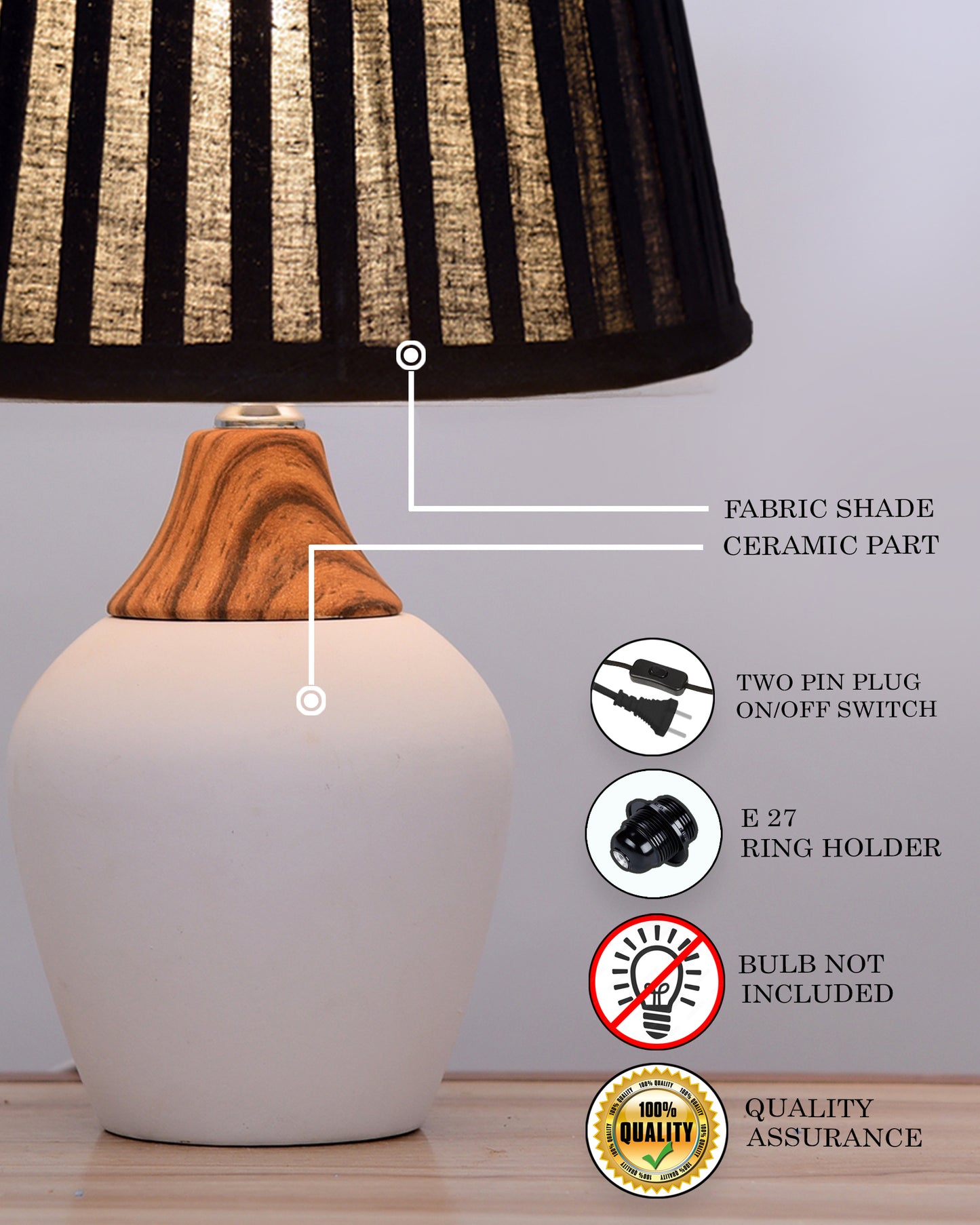 Modern Ceramic Table Lamp with Fabric Shade, Minimal Bedside Lamp for Living Room & Bedroom, White Pottery Inspired, Khadi Shade