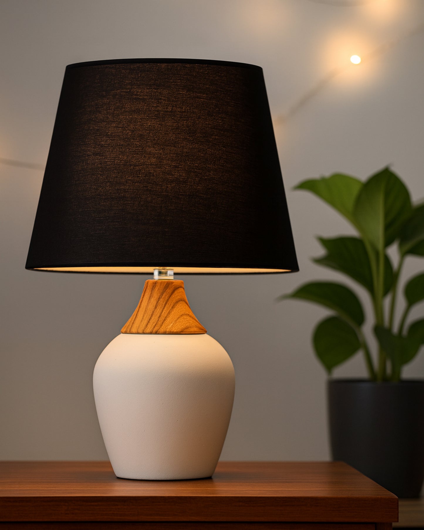 Modern Ceramic Table Lamp with Fabric Shade, Minimal Bedside Lamp for Living Room & Bedroom, White Pottery Inspired, Khadi Shade