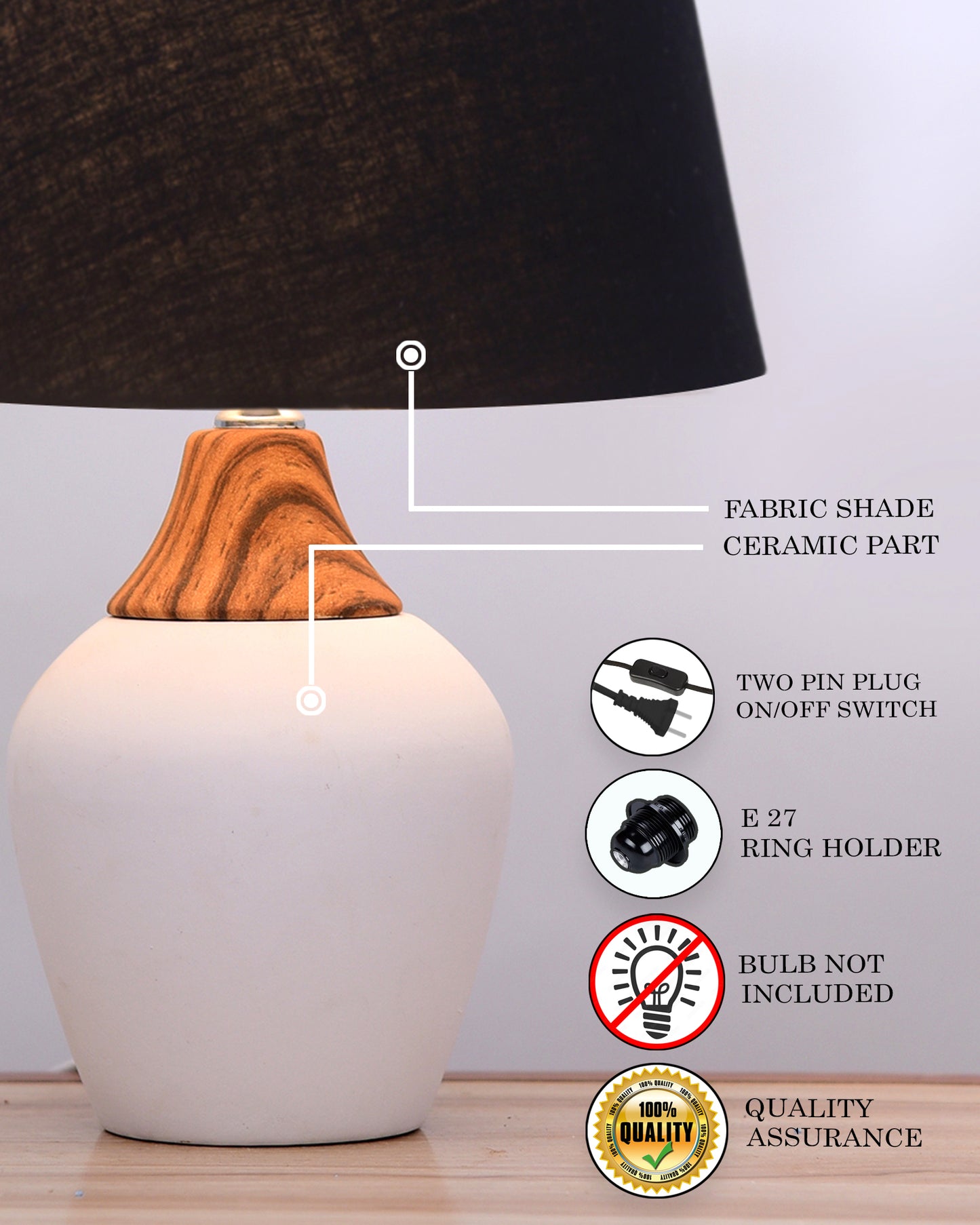 Modern Ceramic Table Lamp with Fabric Shade, Minimal Bedside Lamp for Living Room & Bedroom, White Pottery Inspired, Khadi Shade