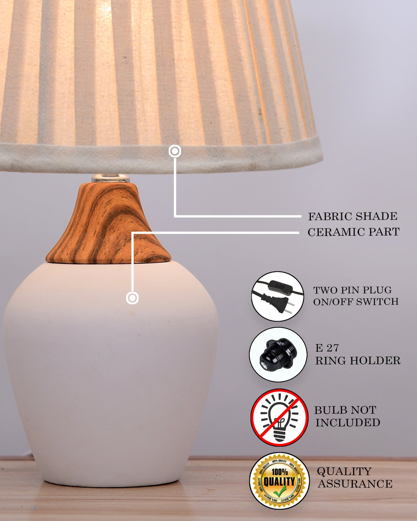 Modern Ceramic Table Lamp with Fabric Shade, Minimal Bedside Lamp for Living Room & Bedroom, White Pottery Inspired, Khadi Shade