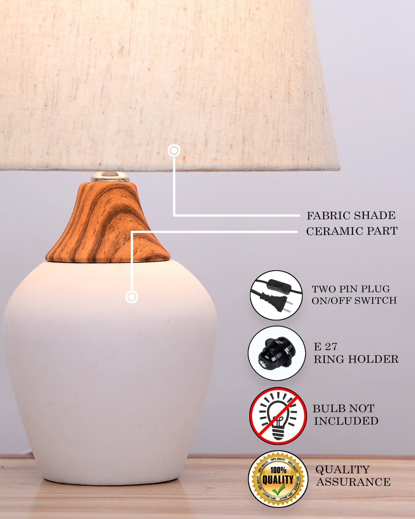 Modern Ceramic Table Lamp with Fabric Shade, Minimal Bedside Lamp for Living Room & Bedroom, White Pottery Inspired, Khadi Shade