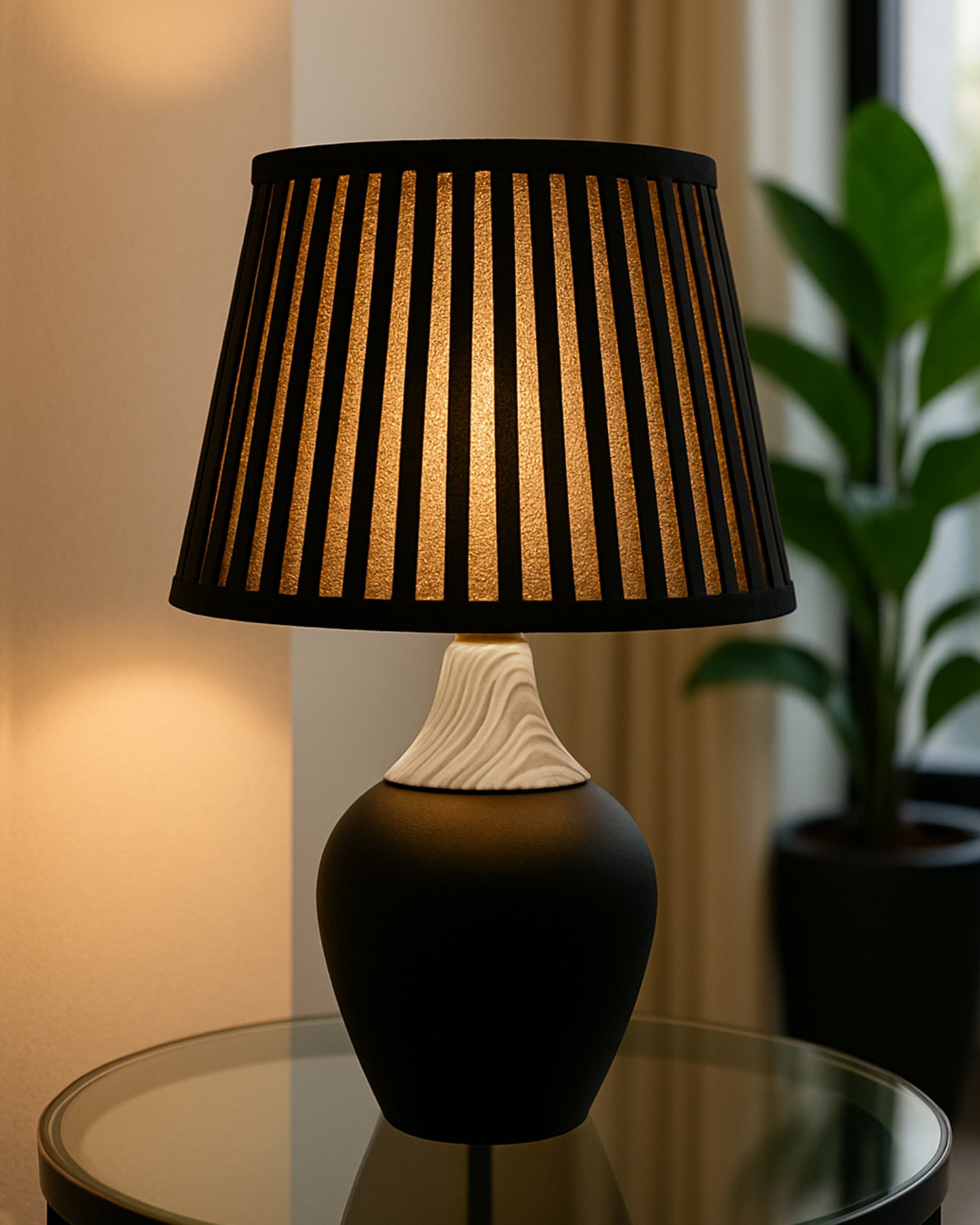 Modern Ceramic Table Lamp with Fabric Shade, Minimal Bedside Lamp for Living Room & Bedroom, Black Pottery Inspired, Khadi Shade