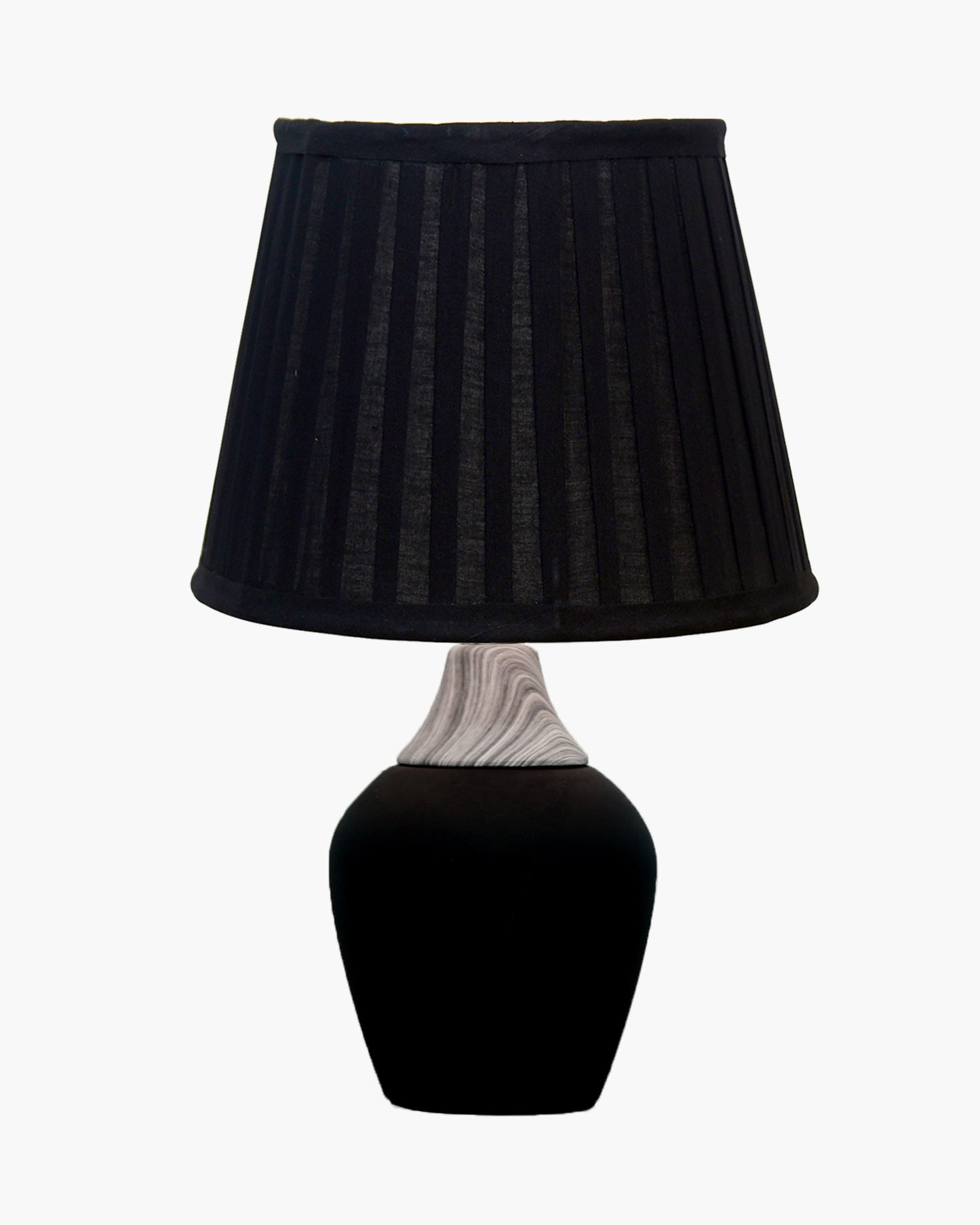 Modern Ceramic Table Lamp with Fabric Shade, Minimal Bedside Lamp for Living Room & Bedroom, Black Pottery Inspired, Khadi Shade