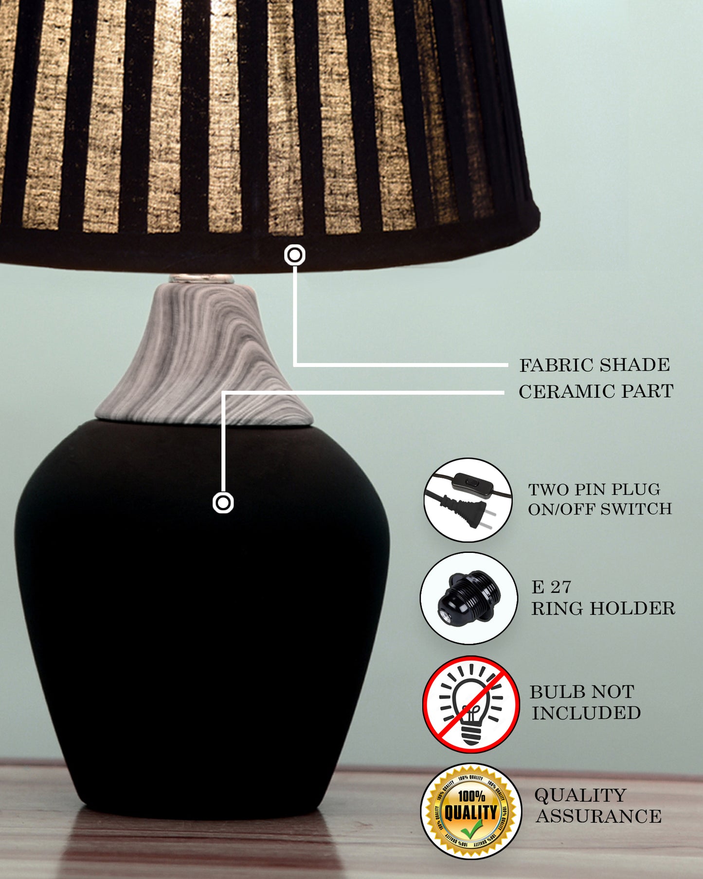 Modern Ceramic Table Lamp with Fabric Shade, Minimal Bedside Lamp for Living Room & Bedroom, Black Pottery Inspired, Khadi Shade