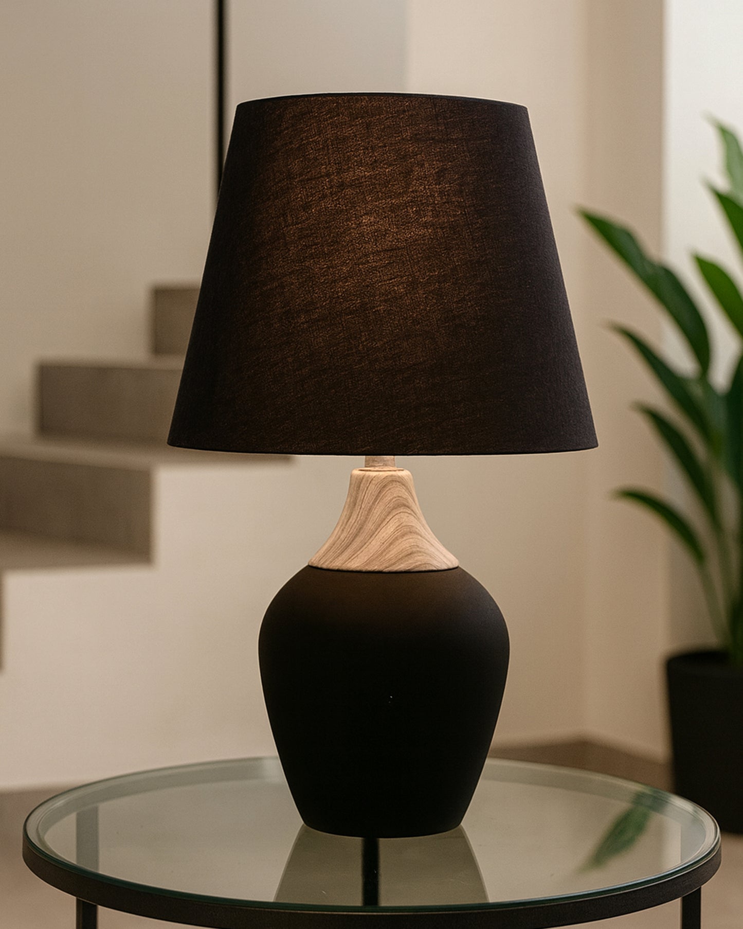 Modern Ceramic Table Lamp with Fabric Shade, Minimal Bedside Lamp for Living Room & Bedroom, Black Pottery Inspired, Khadi Shade
