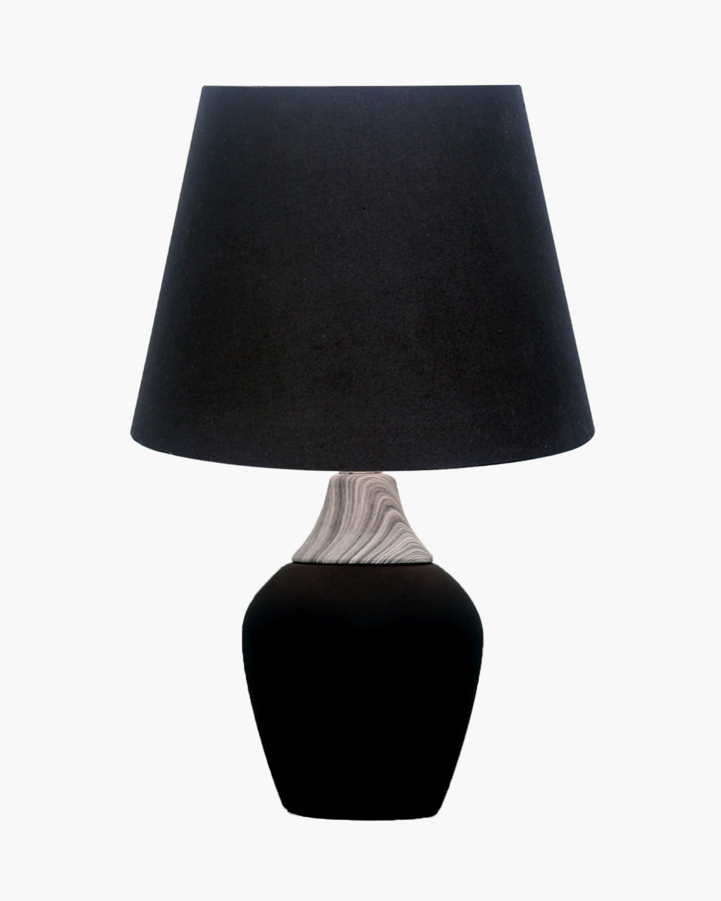 Modern Ceramic Table Lamp with Fabric Shade, Minimal Bedside Lamp for Living Room & Bedroom, Black Pottery Inspired, Khadi Shade