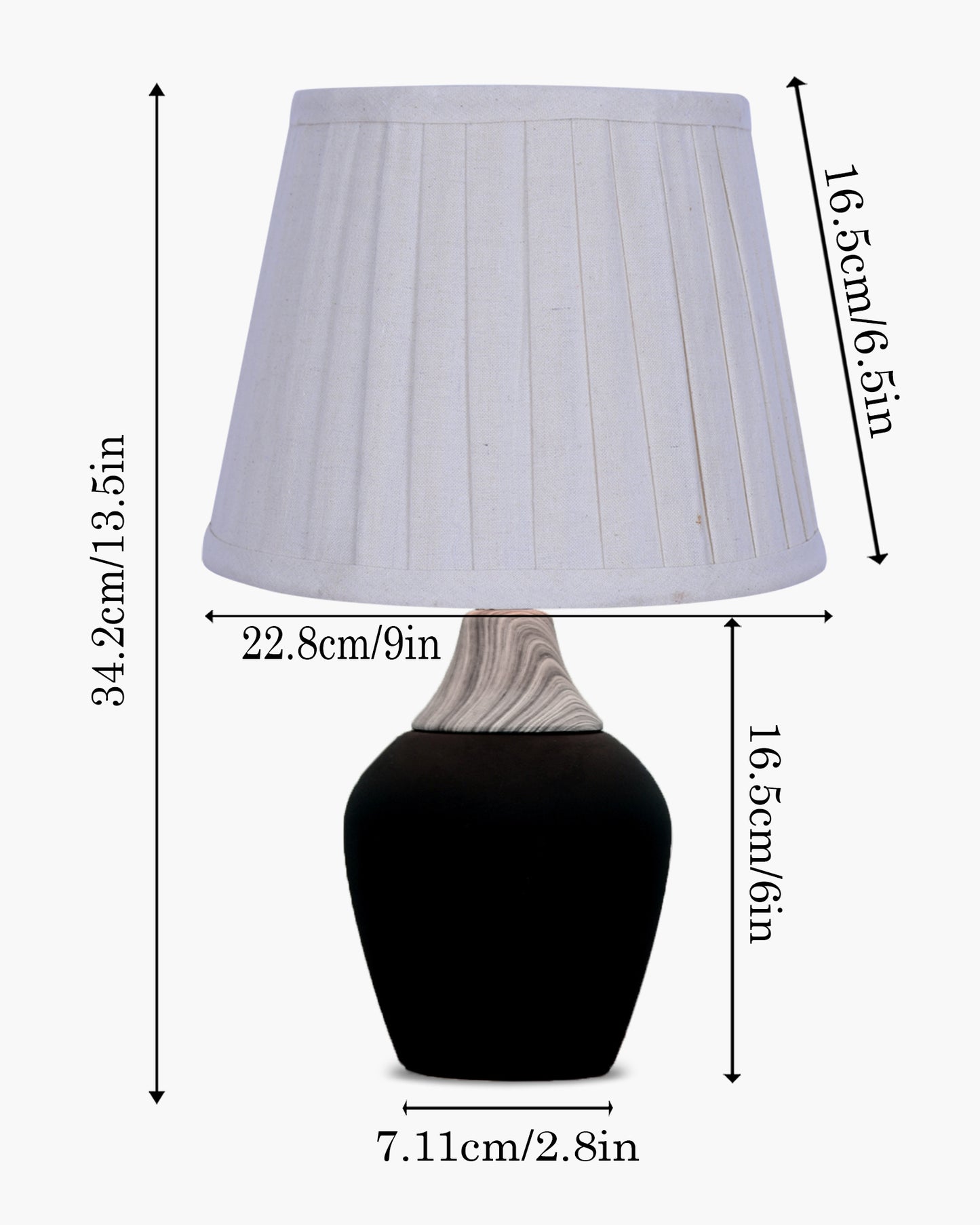 Modern Ceramic Table Lamp with Fabric Shade, Minimal Bedside Lamp for Living Room & Bedroom, Black Pottery Inspired, Khadi Shade