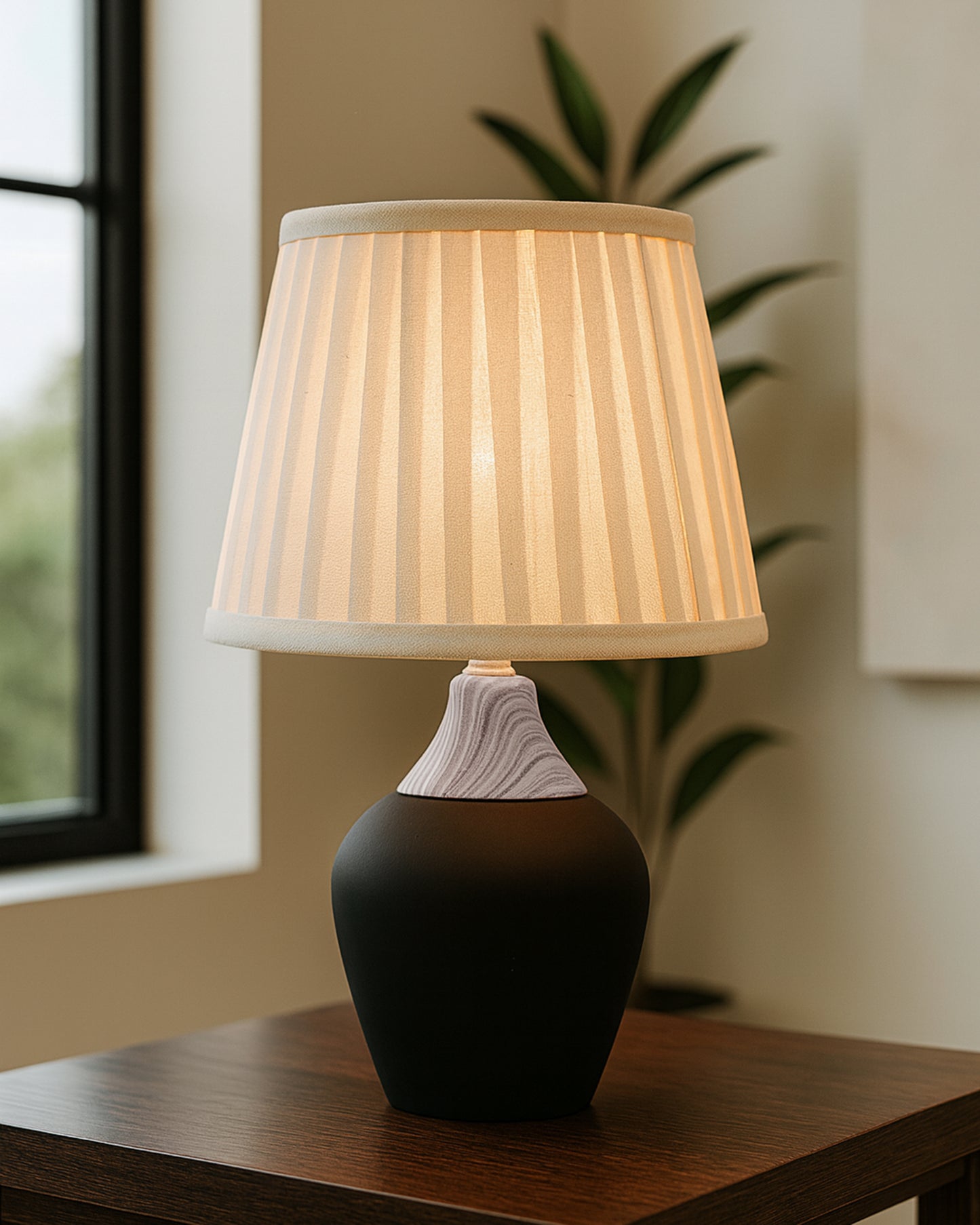 Modern Ceramic Table Lamp with Fabric Shade, Minimal Bedside Lamp for Living Room & Bedroom, Black Pottery Inspired, Khadi Shade