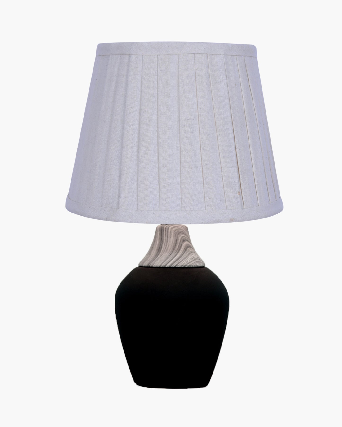 Modern Ceramic Table Lamp with Fabric Shade, Minimal Bedside Lamp for Living Room & Bedroom, Black Pottery Inspired, Khadi Shade