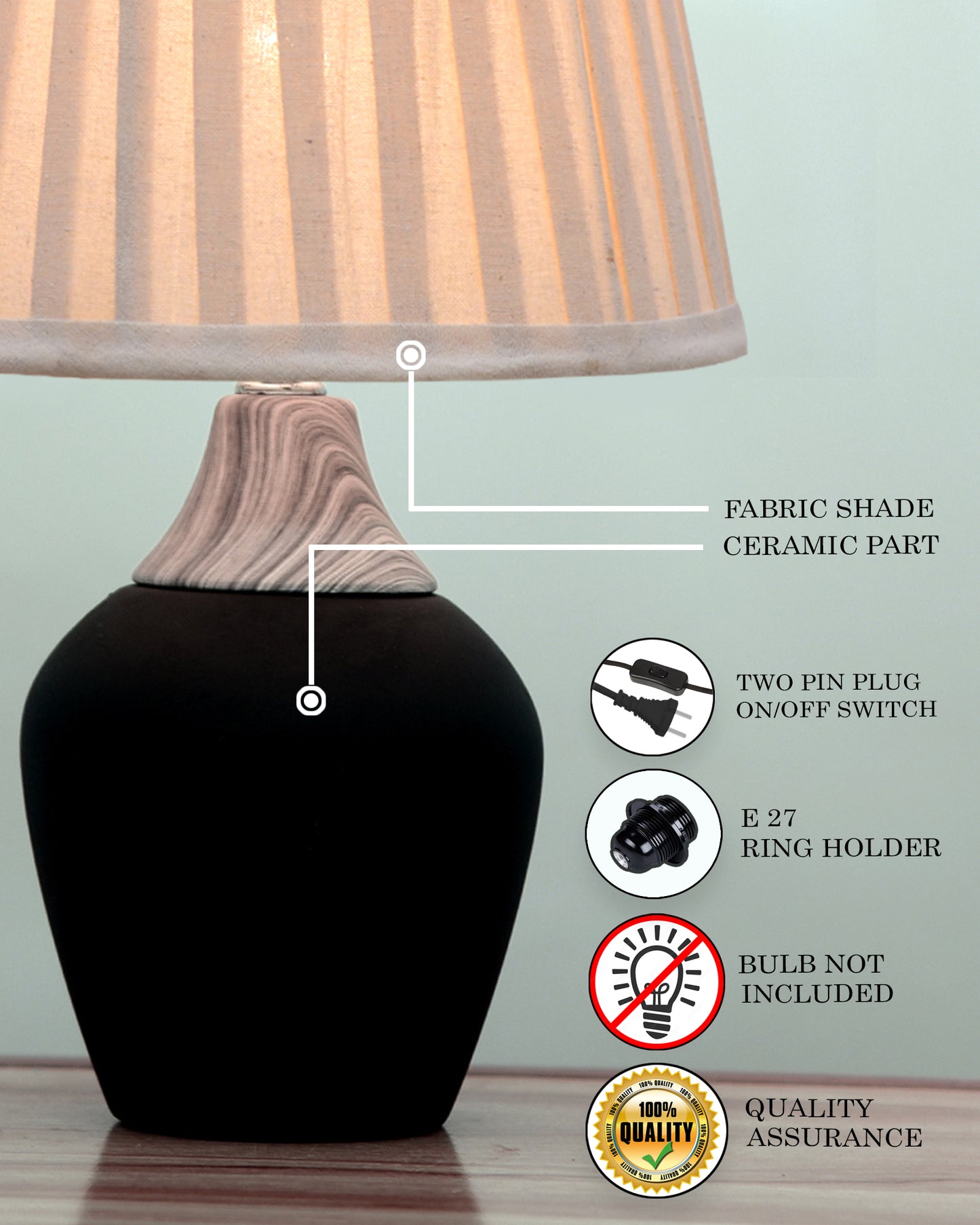 Modern Ceramic Table Lamp with Fabric Shade, Minimal Bedside Lamp for Living Room & Bedroom, Black Pottery Inspired, Khadi Shade
