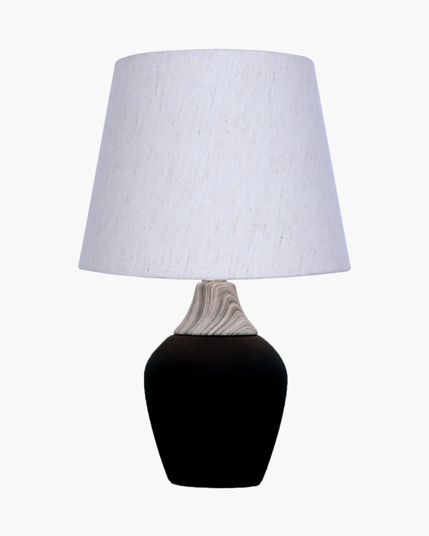 Modern Ceramic Table Lamp with Fabric Shade, Minimal Bedside Lamp for Living Room & Bedroom, Black Pottery Inspired, Khadi Shade
