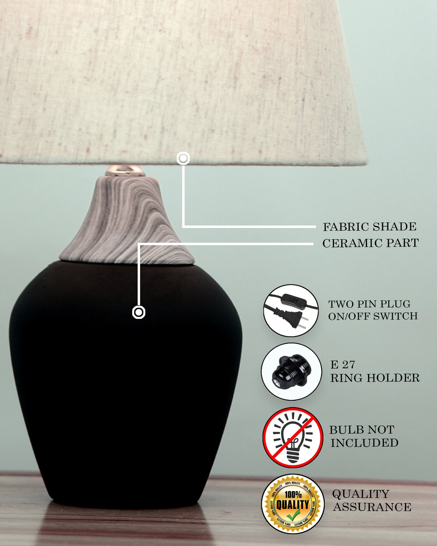 Modern Ceramic Table Lamp with Fabric Shade, Minimal Bedside Lamp for Living Room & Bedroom, Black Pottery Inspired, Khadi Shade