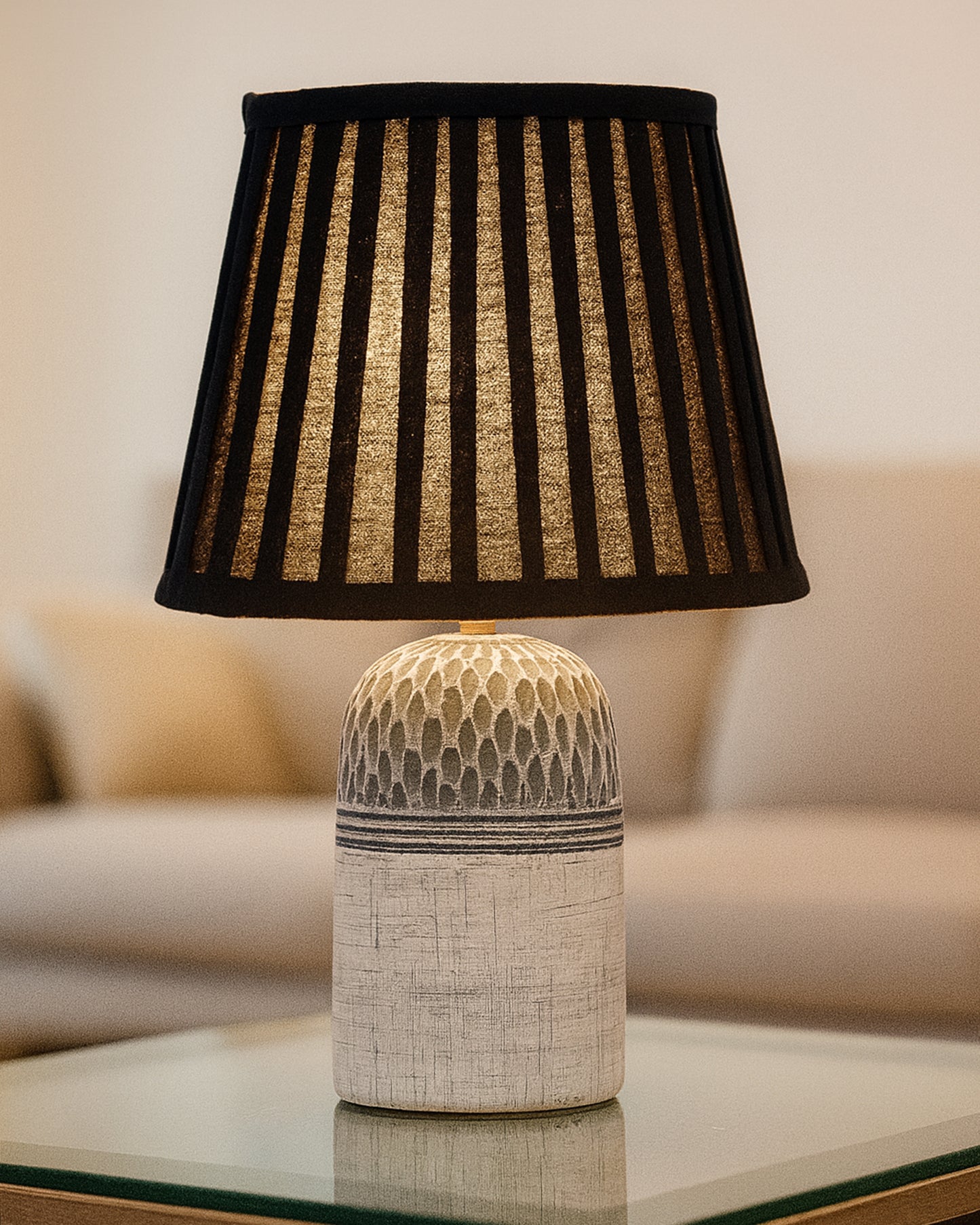 Modern Ceramic Table Lamp with Fabric Shade, Minimal Bedside Lamp for Living Room & Bedroom, Grey Carved Honeycomb Pattern, Khadi Taper