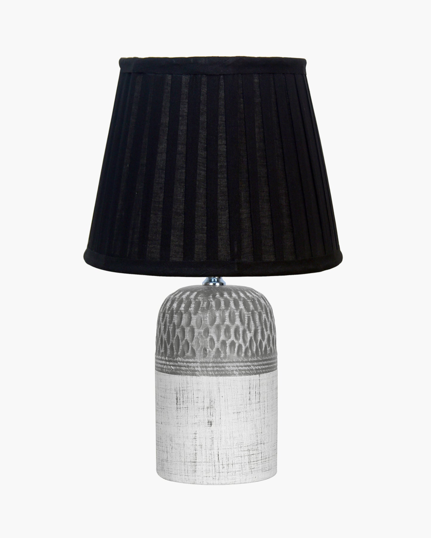 Modern Ceramic Table Lamp with Fabric Shade, Minimal Bedside Lamp for Living Room & Bedroom, Grey Carved Honeycomb Pattern, Khadi Taper