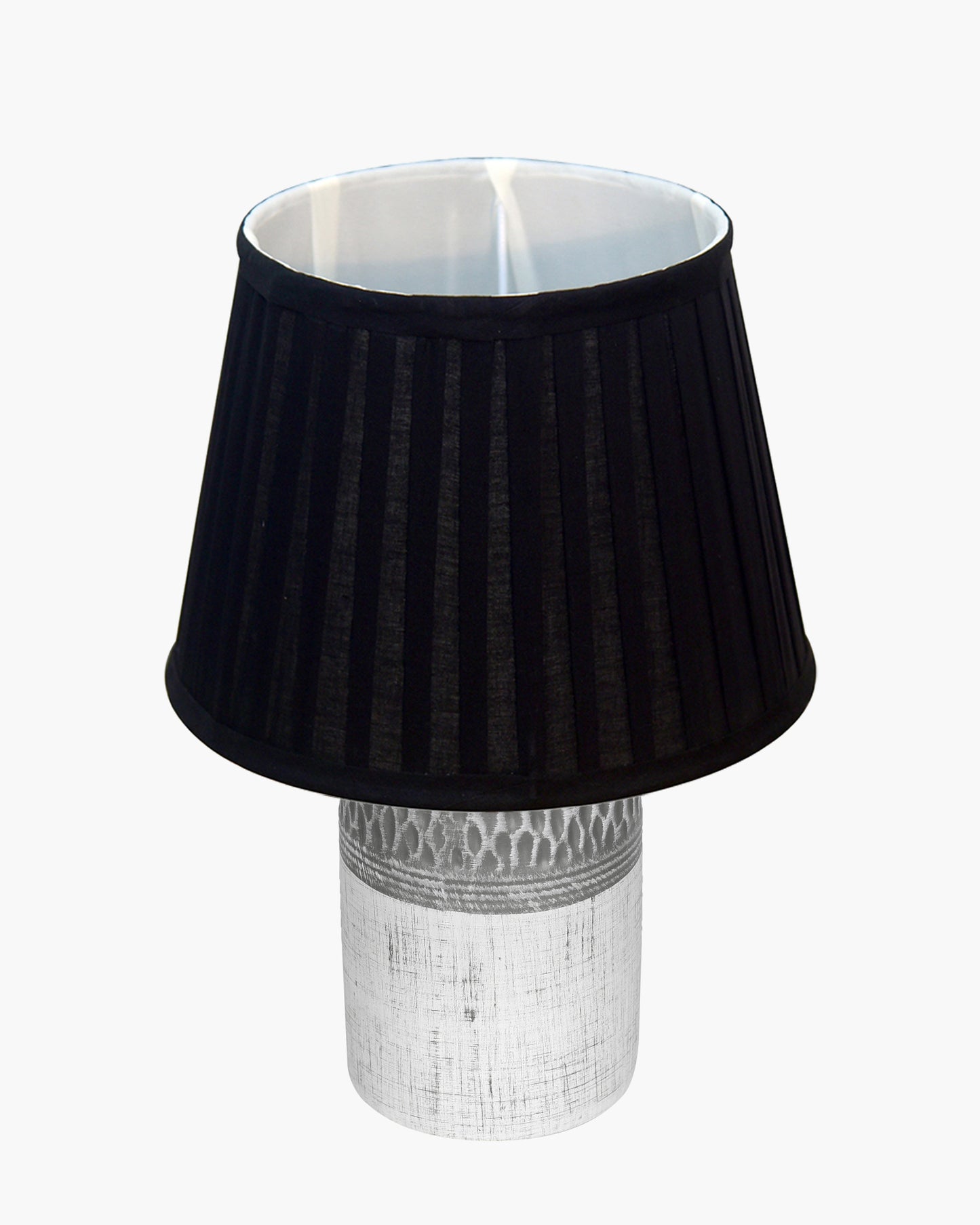 Modern Ceramic Table Lamp with Fabric Shade, Minimal Bedside Lamp for Living Room & Bedroom, Grey Carved Honeycomb Pattern, Khadi Taper