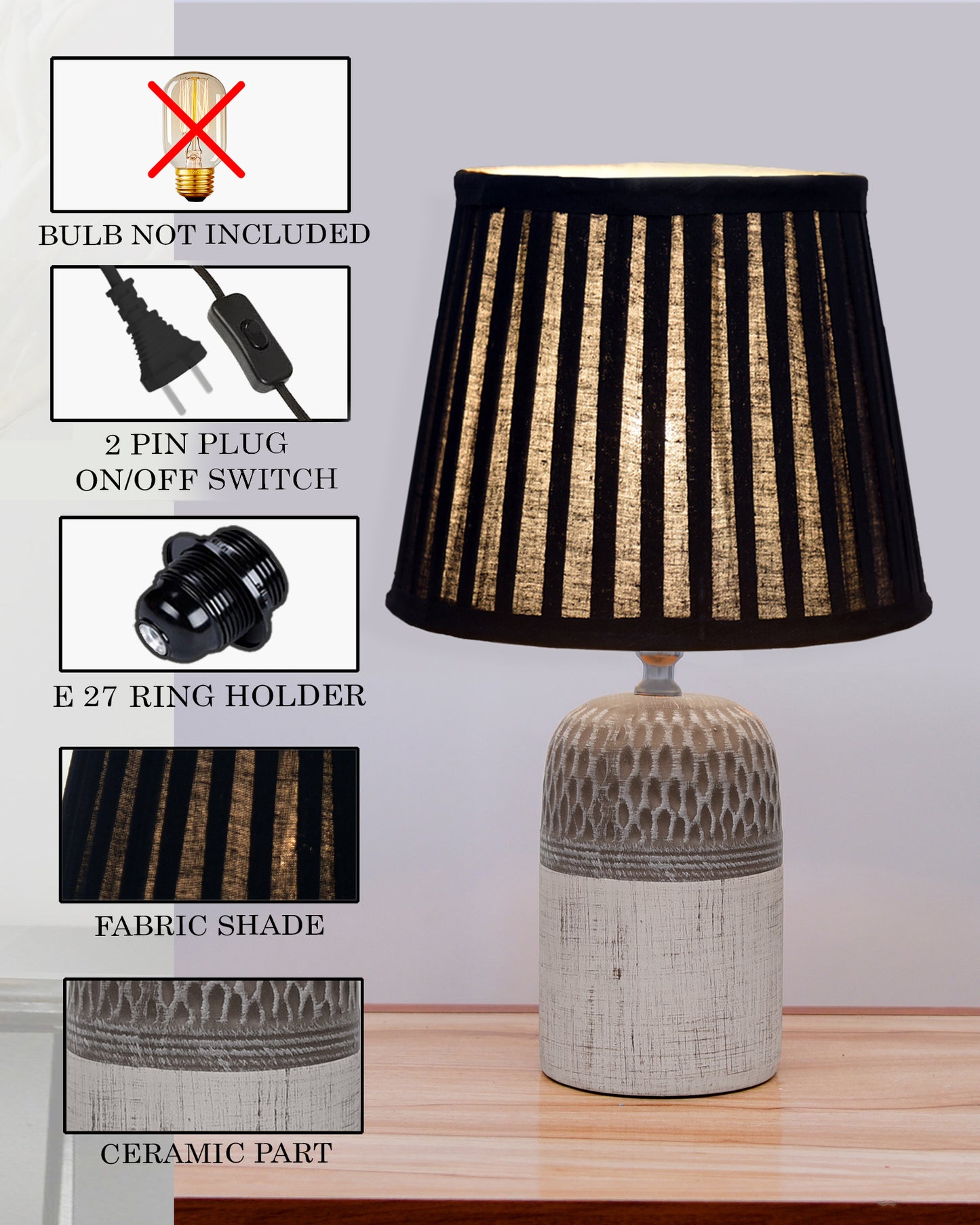 Modern Ceramic Table Lamp with Fabric Shade, Minimal Bedside Lamp for Living Room & Bedroom, Grey Carved Honeycomb Pattern, Khadi Taper