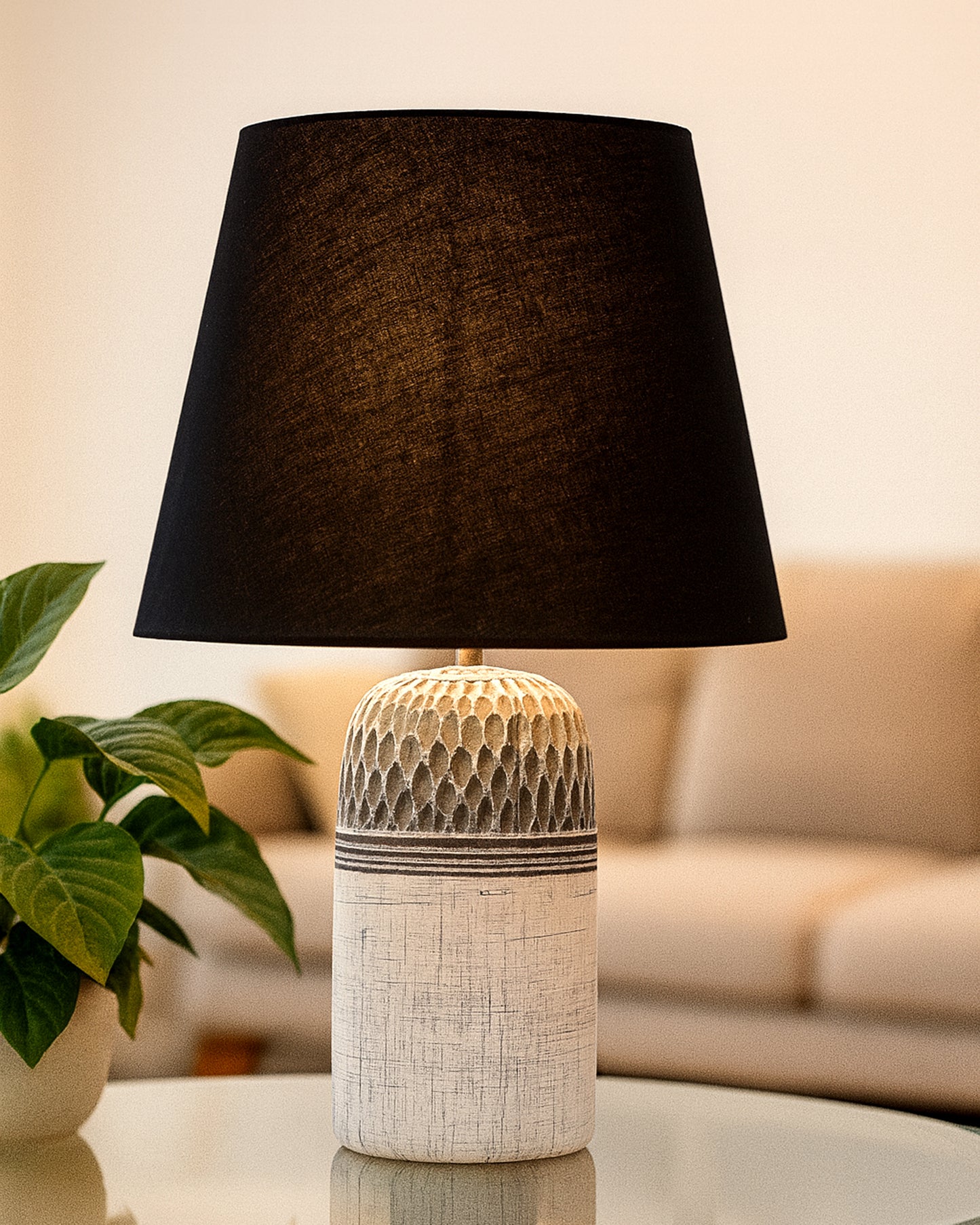 Modern Ceramic Table Lamp with Fabric Shade, Minimal Bedside Lamp for Living Room & Bedroom, Grey Carved Honeycomb Pattern, Khadi Taper
