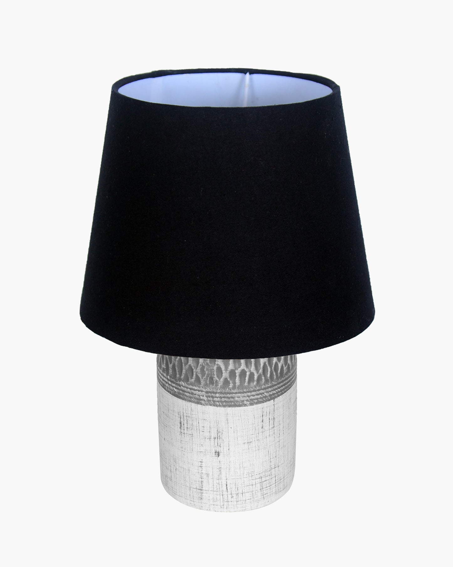 Modern Ceramic Table Lamp with Fabric Shade, Minimal Bedside Lamp for Living Room & Bedroom, Grey Carved Honeycomb Pattern, Khadi Taper
