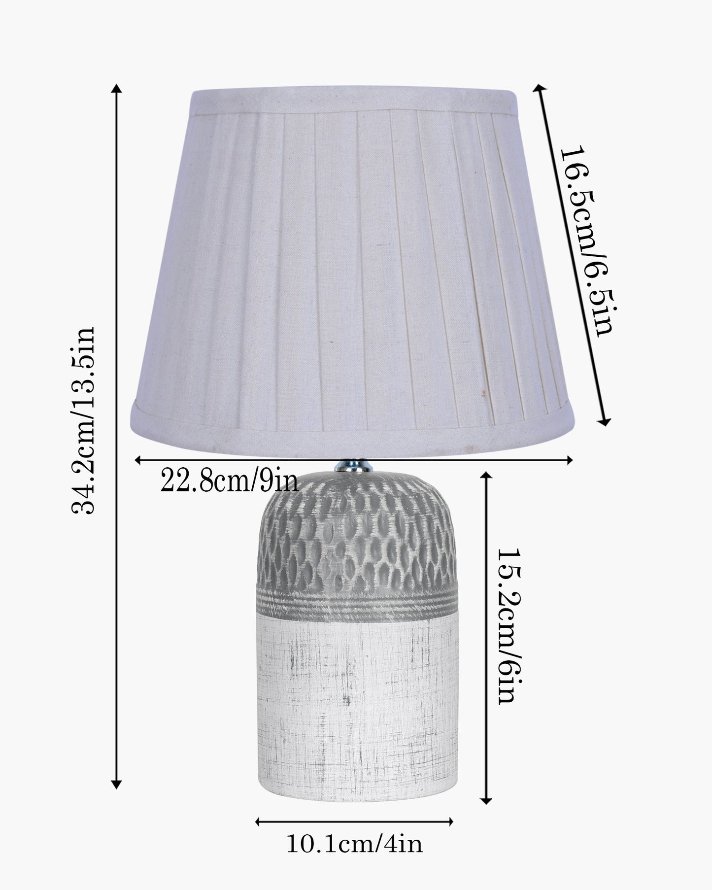Modern Ceramic Table Lamp with Fabric Shade, Minimal Bedside Lamp for Living Room & Bedroom, Grey Carved Honeycomb Pattern, Khadi Taper