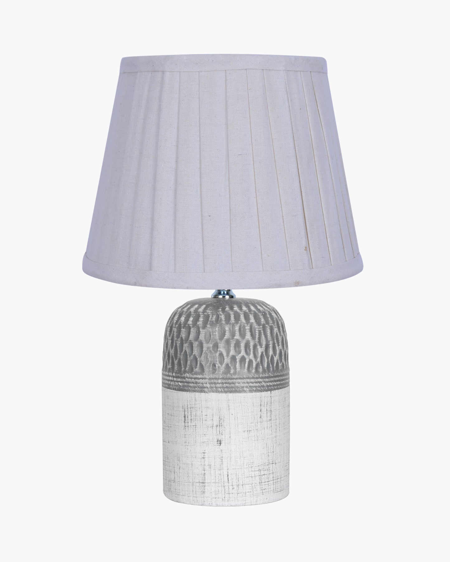 Modern Ceramic Table Lamp with Fabric Shade, Minimal Bedside Lamp for Living Room & Bedroom, Grey Carved Honeycomb Pattern, Khadi Taper