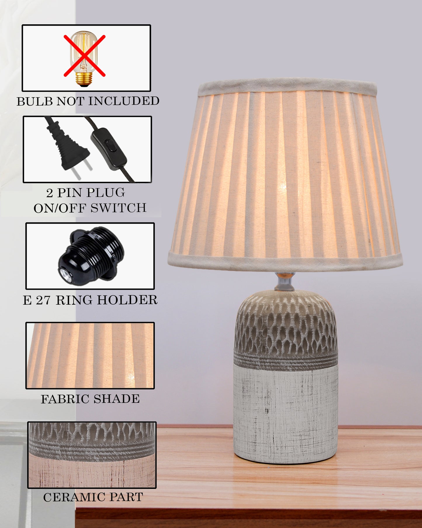 Modern Ceramic Table Lamp with Fabric Shade, Minimal Bedside Lamp for Living Room & Bedroom, Grey Carved Honeycomb Pattern, Khadi Taper