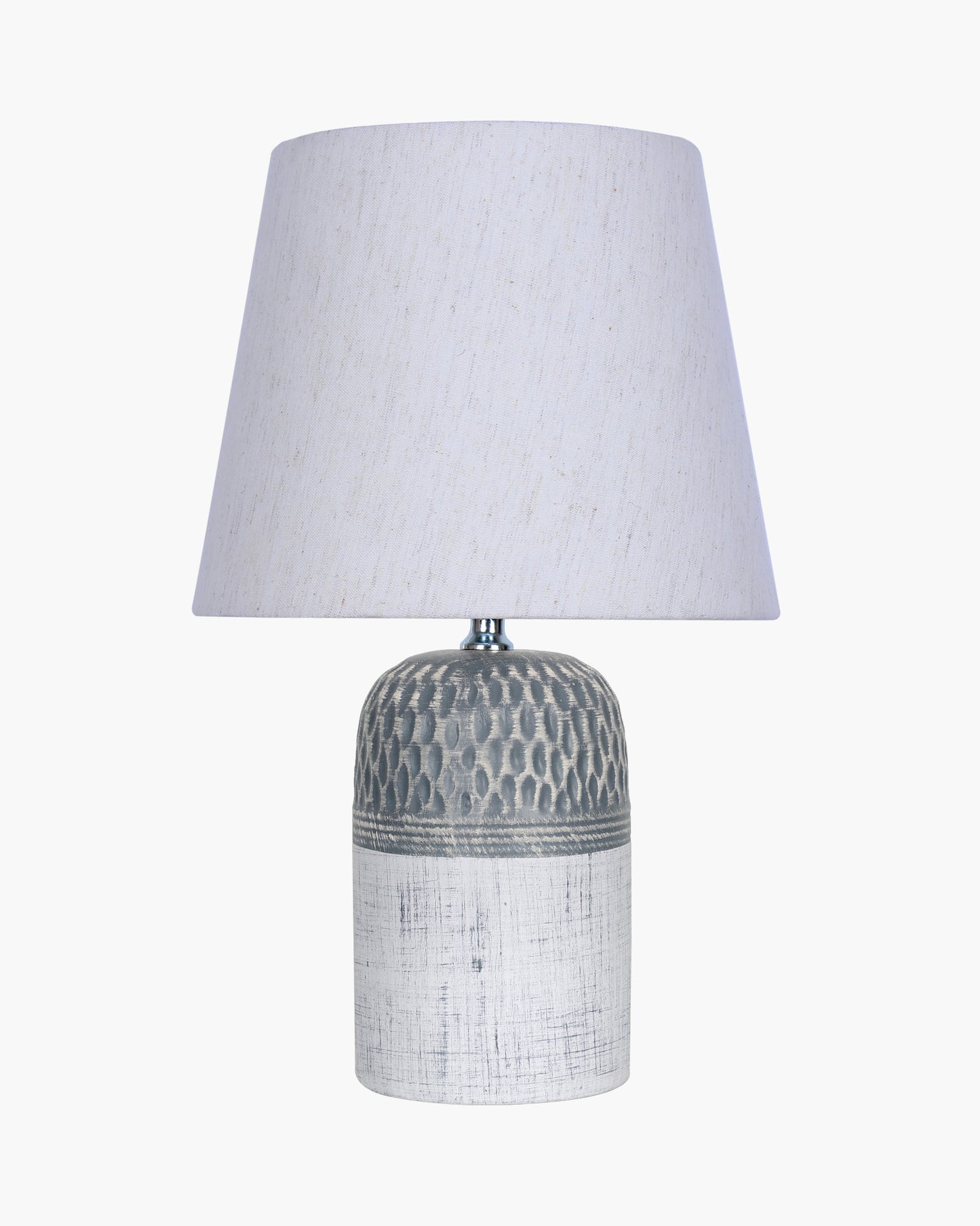 Modern Ceramic Table Lamp with Fabric Shade, Minimal Bedside Lamp for Living Room & Bedroom, Grey Carved Honeycomb Pattern, Khadi Taper